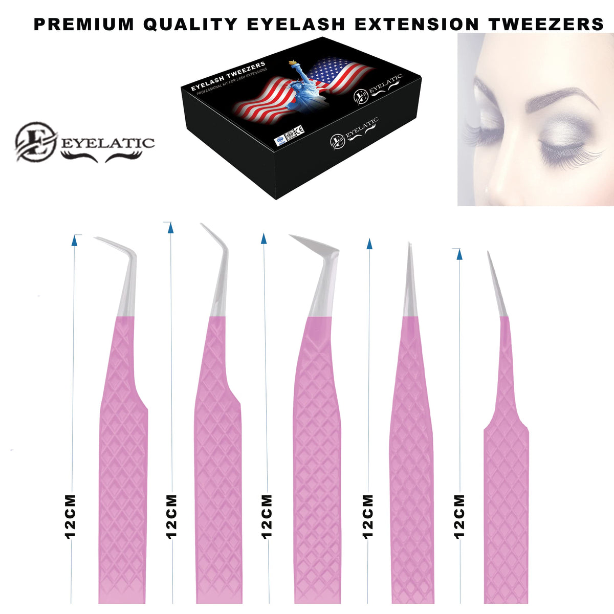 Kit de Pinzas de Extensión de Pestañas Postizas Profesionales Clásicas y de Volumen Rosa, 5 Piezas