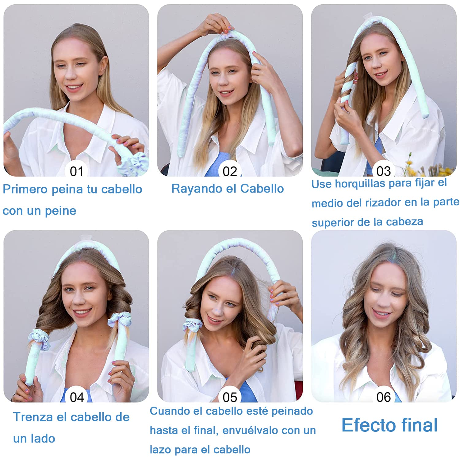 Rizos Sin Calor Cabello Largo, Rizador de Cabello Sin Calor con Pinzas para el Cabello y Coletero, Kit de Herramientas para Peinar el Cabello de Seda Suave, Sin Daños, Sin Calor (Azul)