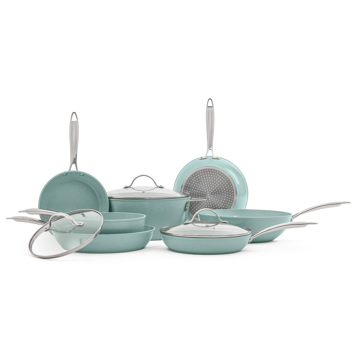 JADECOOK Bateria de Cocina 10 Piezas JADE CHEF Tapas y Mangos de Acero Inoxidable 6 Capas de Antiadherente Compatible con Estufas de Gas Induccion y Electricas Ollas Cacerolas Sartenes Cocina