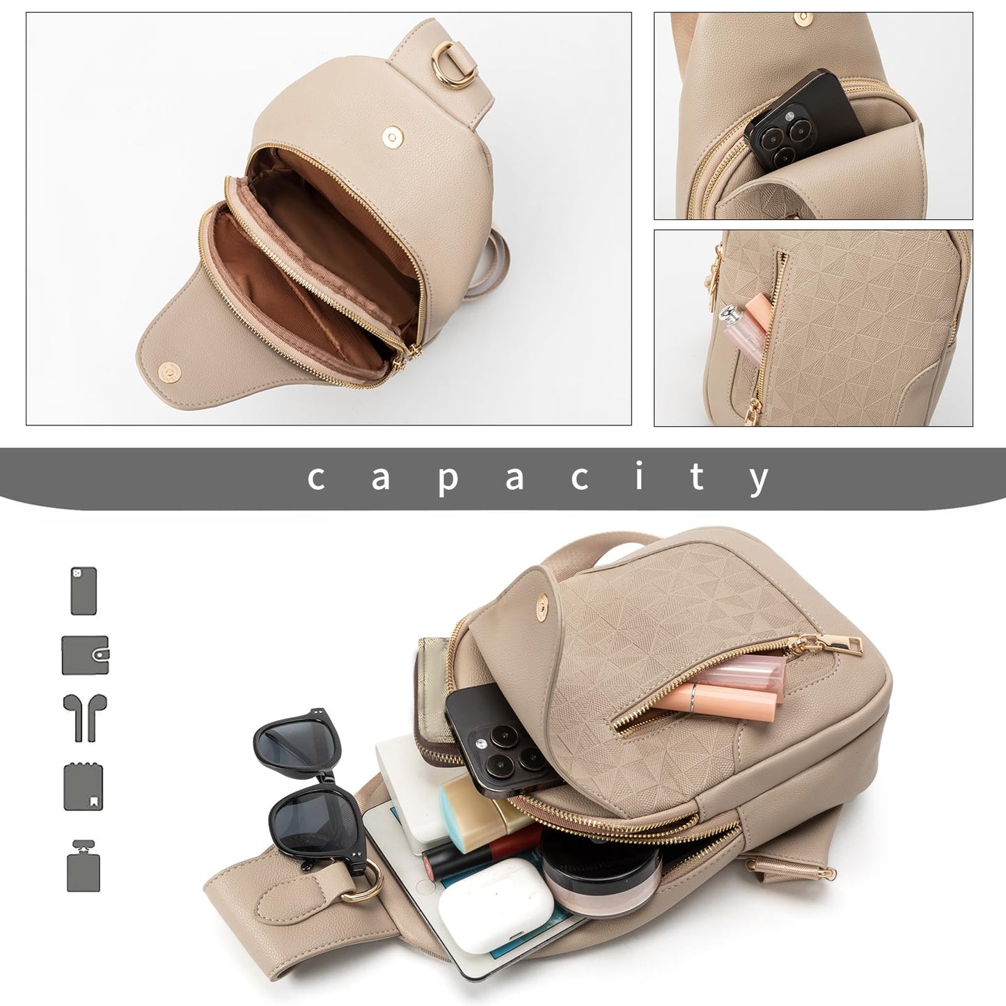 Anck Riñonera Bandolera para Mujer, Bolso Pequeño en el Pecho, Diseño a Cuadros, 9829-G-YH-Khaki, Estilo Casual, Moda Relajada