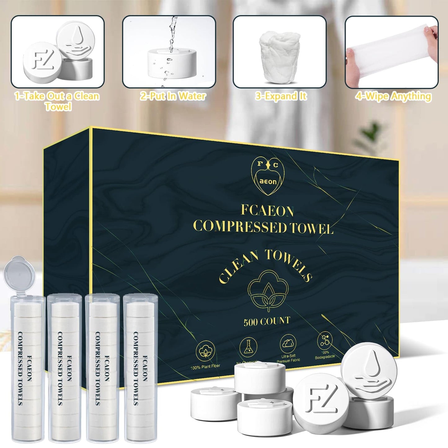 FCaeon Toallitas Faciales Desechables Comprimidas Ultra Suaves,Compressed Towel Guantes de Tocador Gruesos, Toallitas de Algodón para Desmaquillaje de Viaje, Piel Sensible, Cuidado(500 Unidad Azul)