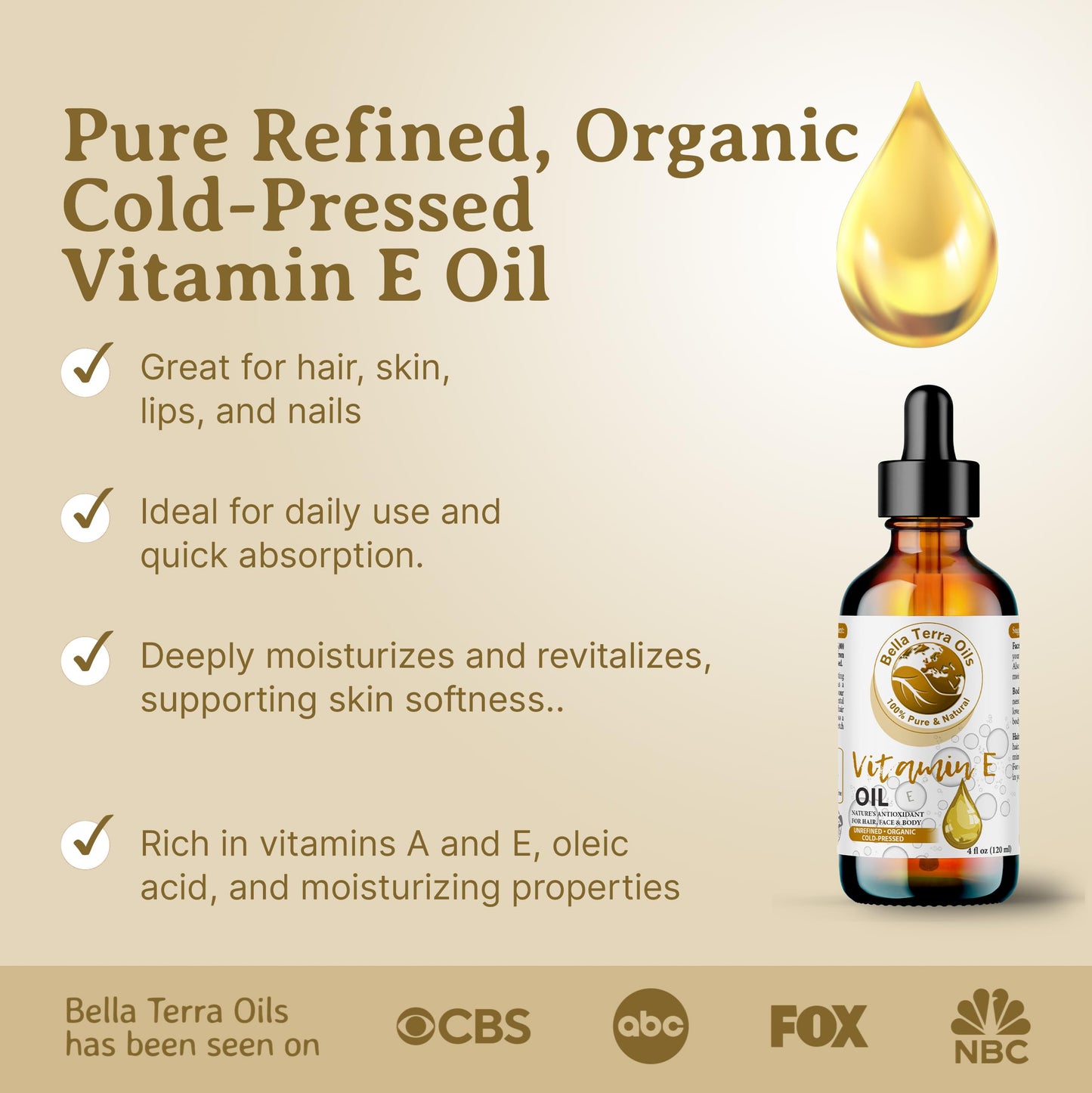 NEW Vitamin E Oil. 2oz. Cold-pressed. Unrefined. Organic. 100% Pure. D-alpha Tocopherol. 75,000 IU. Hexane-free. Rejuvenates Skin. Natural Antioxidant. For Hair, Skin, Nails, Stretch Marks, Scars.