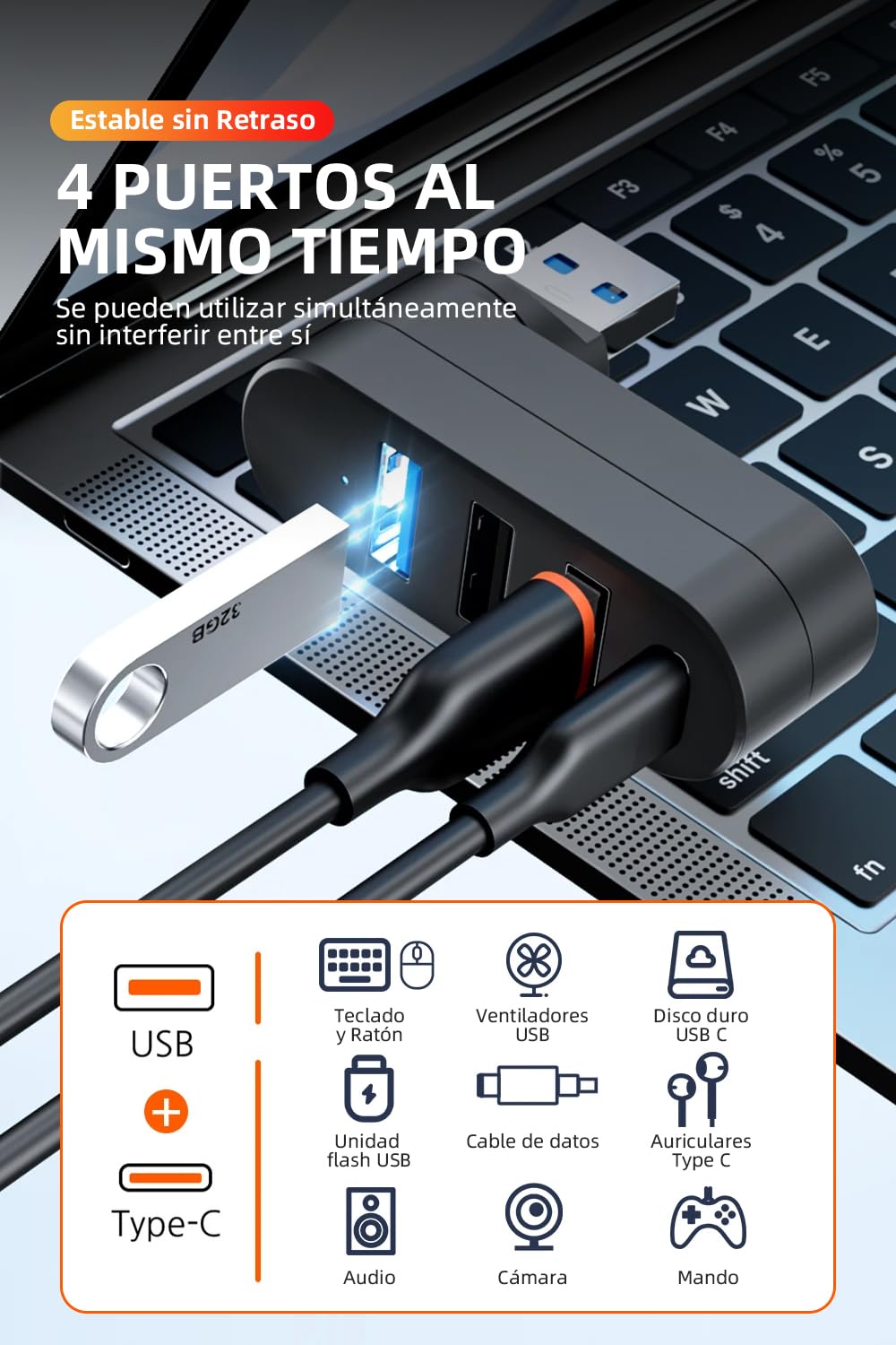 Hub USB 3.0, 4 en 1 Adaptador de USB 3.0 1 Puertos 5Gbps y USB 2.0 2 Puertos y USB C 1 Puertos, Compatible con PC, Laptop, PS4, PS5, Xbox, Disco U, Impresora, Memoria USB, Ratón, Teclado y Más
