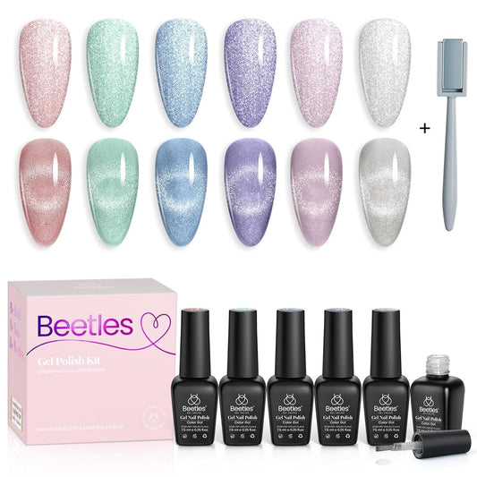 Escarabajos Kit de esmalte de uñas de gel de ojo de gato con brillo holográfico de 6 colores con imán Serie romántica de galaxias Juego de esmalte de uñas de gel con LED ultravioleta para el hogar DIY Manicura Salón de uñas Barniz Arte de uñas