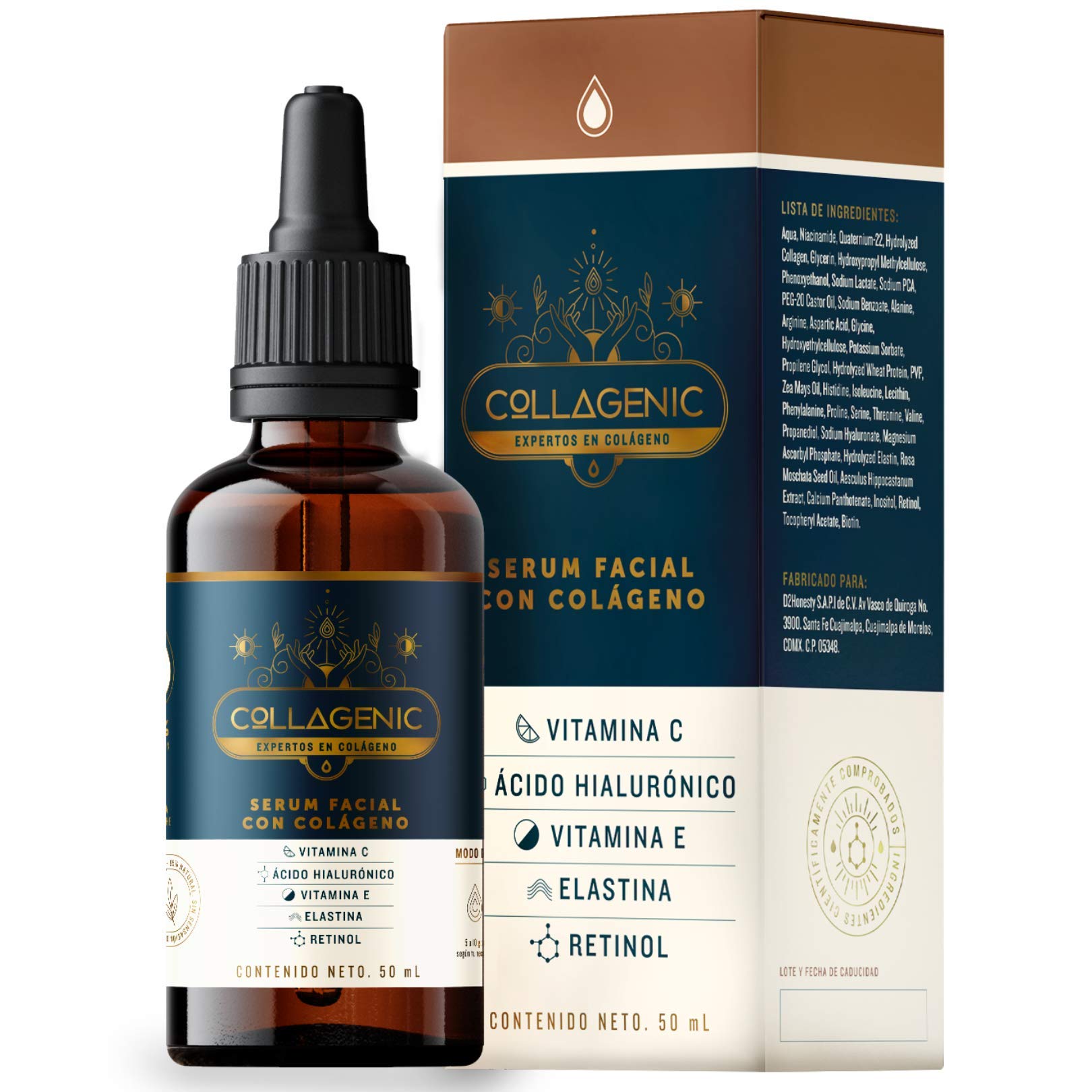 Collagenic | SerumAclarante y Antiedad 4 en 1| Vitamina C y Colágeno Hidrolizado 50 ml | Serum Facial facial| Adicional con Acido Hialurónico, Retinol, Vitamina E y Elastina | 60% más contenido
