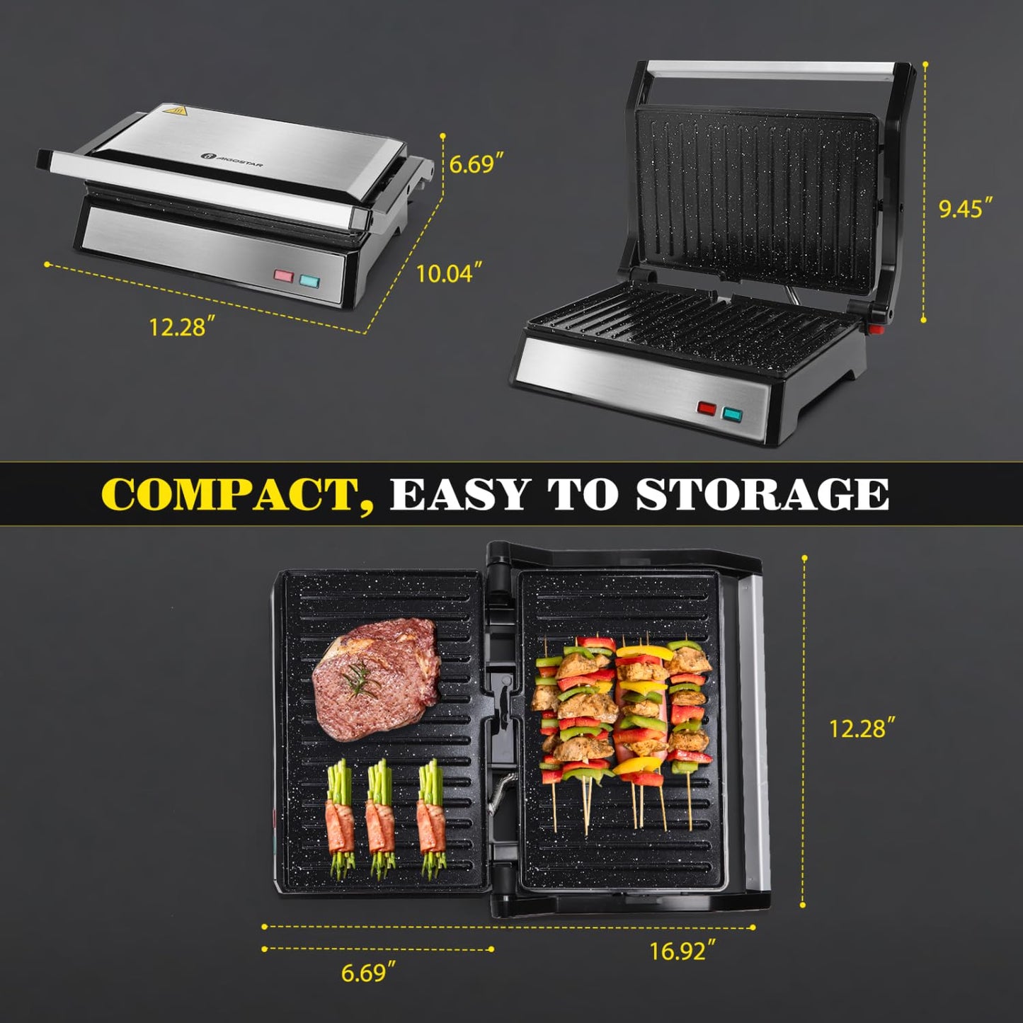 Aigostar Prensa Panini, 1200 W, Parrilla Eléctrica Interior, Placas de Cerámica Antiadherentes, Abre 180° para Adaptarse a Cualquier Tamaño de Alimentos, Negro