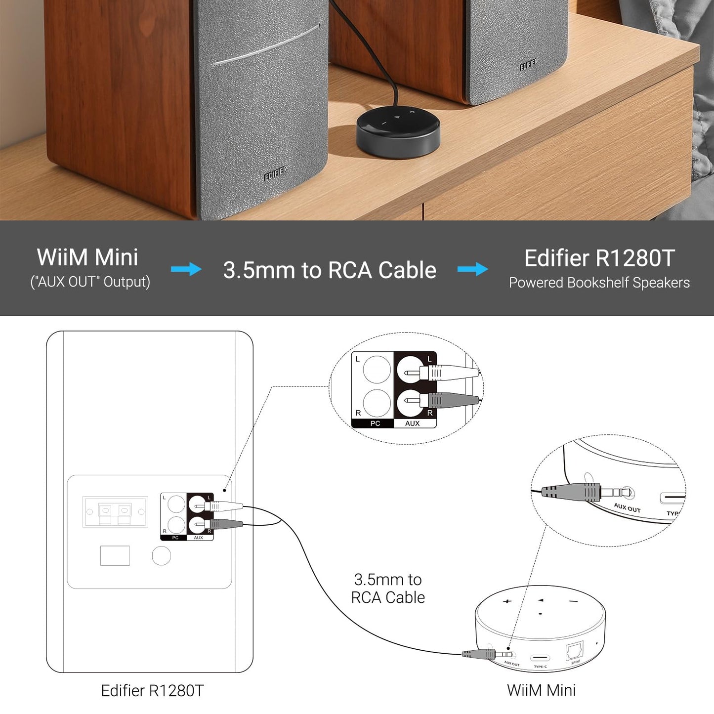 Edifier R1280T - Altavoces de estantería alimentados con WiiM Mini Wi-Fi Audio Streamer, transmite audio de alta resolución de Spotify, Amazon Music y más