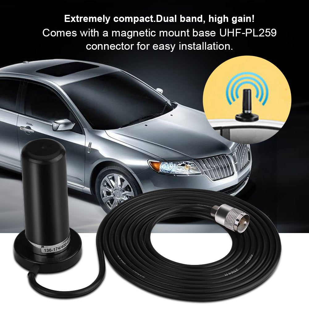 Antena de Radio Móvil Yoidesu Banda Dual VHF/UHF Alta Ganancia con Cable Base de Montaje Magnético para Vehículo