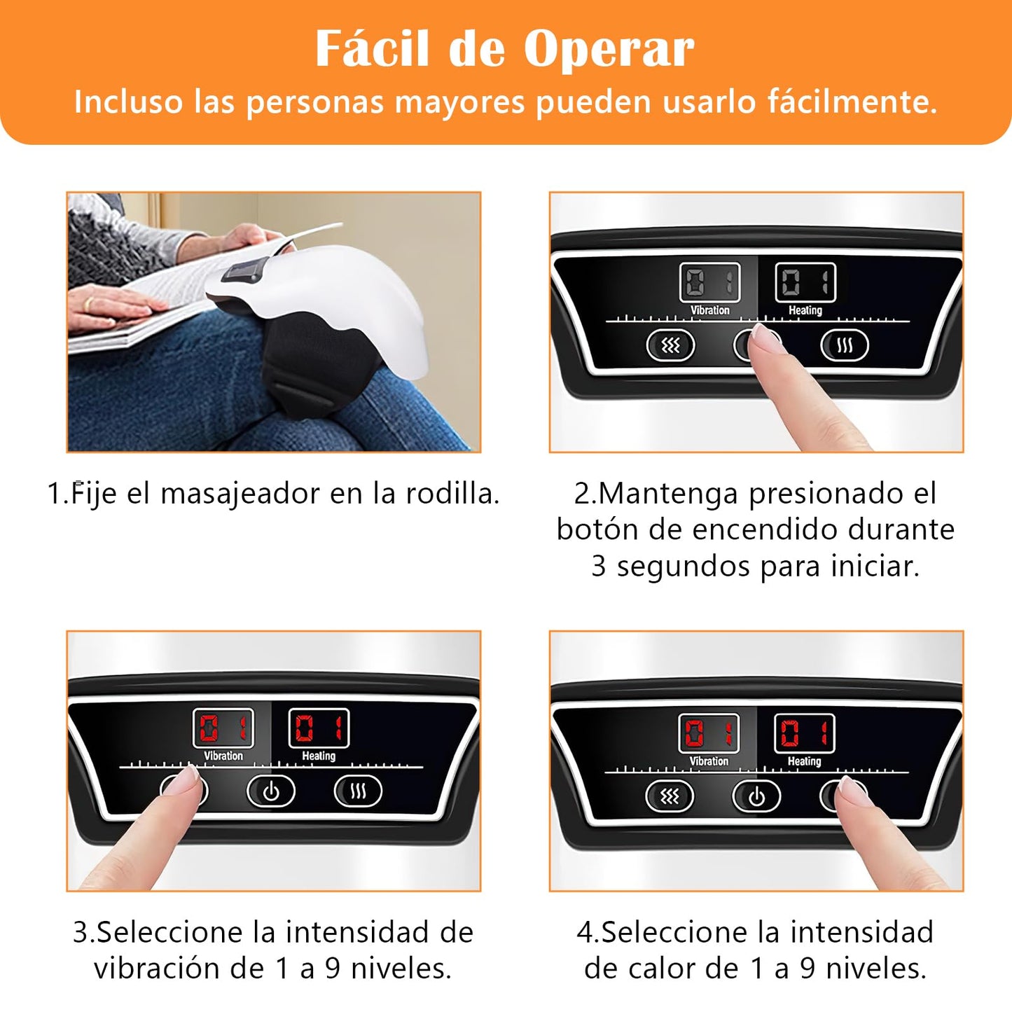 Masajeador de Rodilla,con 9 Niveles de Calor y Masaje Vibratorio,Alivia el Dolor Muscular,Simula el Amasado y Golpeteo de Las Manos Humanas,Transpirable y Cómodo,Sin Restricciones al Usar.