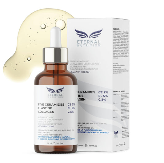 Serum FIVE CERAMIDES 2%, Elastine 5%, Collagen 5%. 50 ml. Suero Hidratante Contra Envejecimiento Célular | Ingredientes Naturales | Skin Care | Piel Sana y Joven Uniforme | Textura Ligera | Para Todo Tipo de Piel by ETERNAL NUTRITION