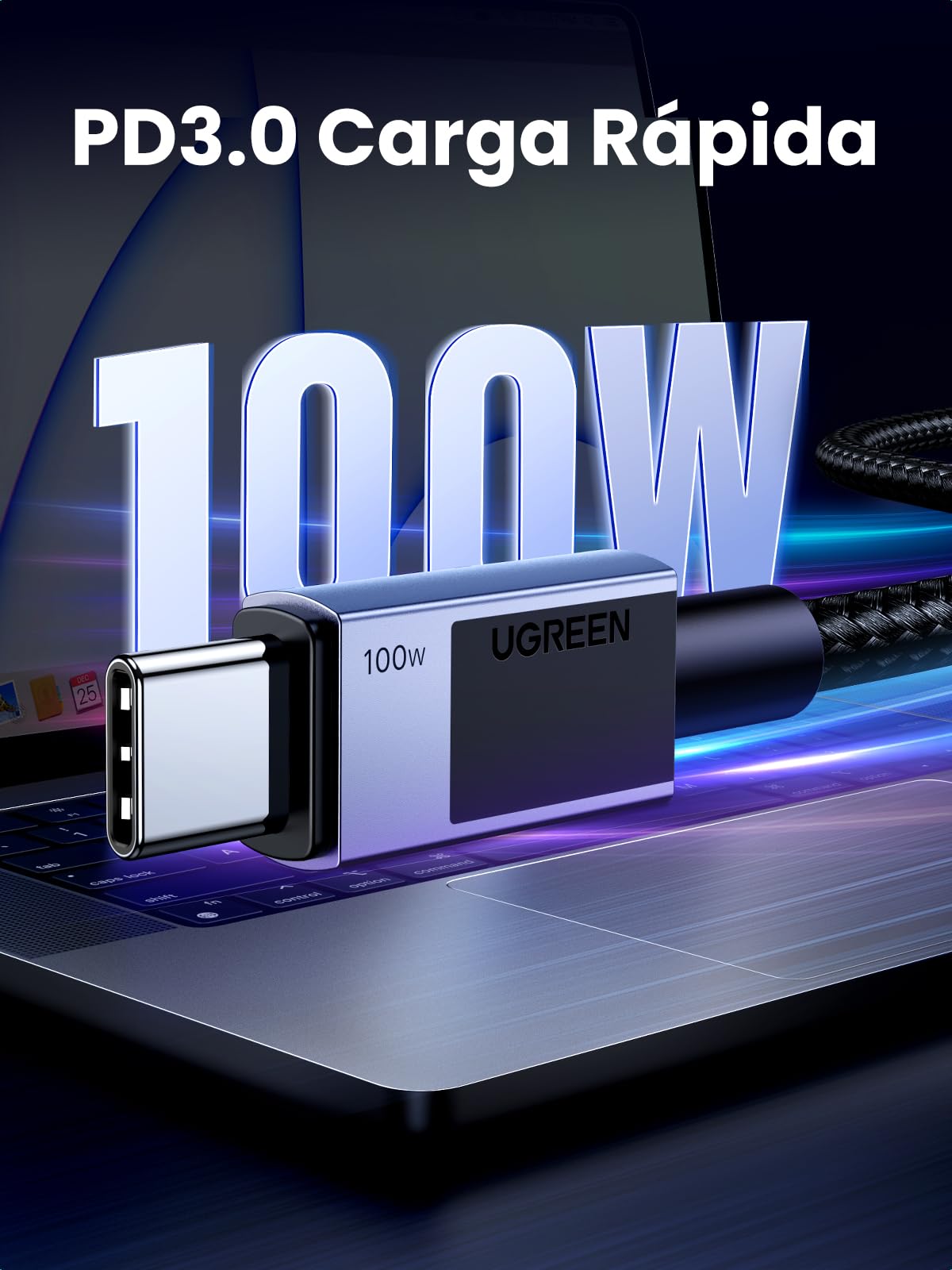 Cable USB C UGREEN 100W Negro Carga Rápida PD 3.0 2M Compatible con MacBook Air para Hombre