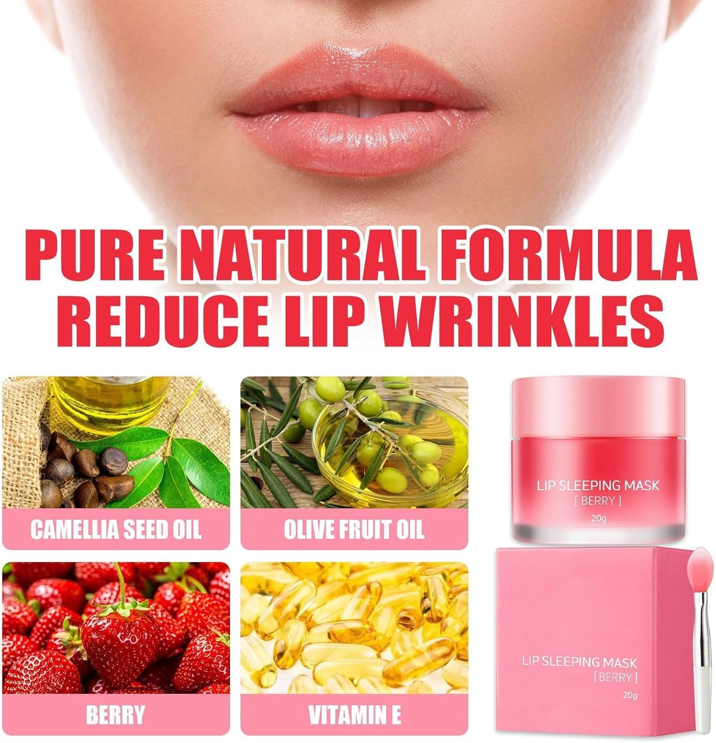 Mascarilla Hidratante Para Labios – Bálsamo Labial Reparador De Día Y Noche Para Labios Secos Y Agrietados – Reduce Las Líneas De Los Labios, Mejora El Color De Los Labios, Hidrata Y Rellena Los Labios Para El Cuidado De Los Labios (Berry)