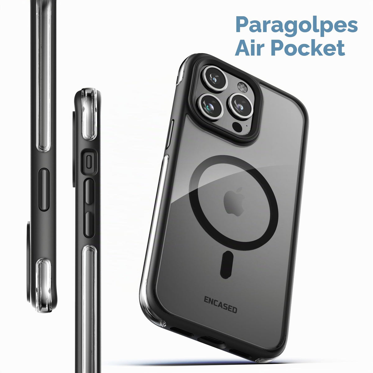 Funda iPhone 15 Pro MAX Encased Transparente Negro con Anillo y Soporte Magnético Antigolpes