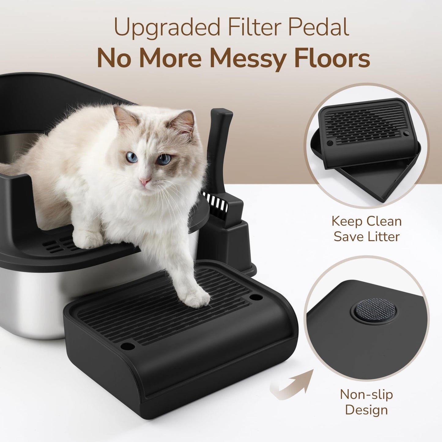 Aupures - Caja de arena de acero inoxidable con tapa – Caja de arena para gatos cubierta extraíble XL con solapa de puerta, caja de arena de metal extragrande con lados altos, cuchara de arena –