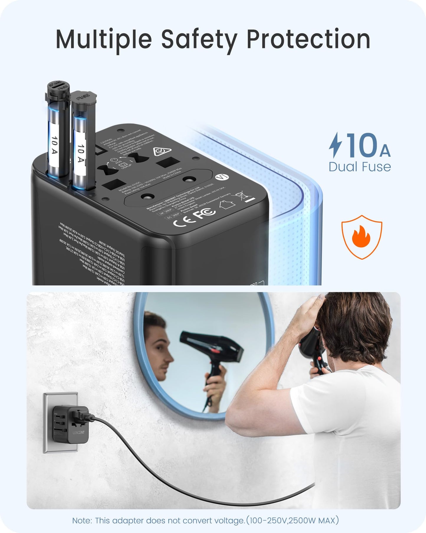 LENCENT Adaptador Universal de Viaje, Cargador Universal con 2 Puertos USB y 3 USB-C Carga Rápida PD 30W, Adaptador Internacional Enchufe Tipo A/C/G/I para USA, Reino Unido, Europa, Australia, Negro