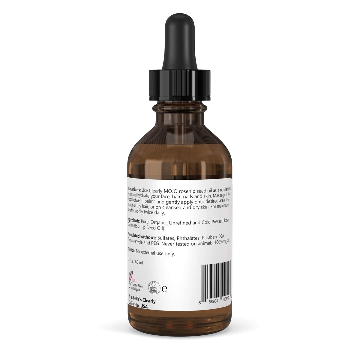 Clearly MOJO de Isabella: Aceite de Rosa Mosqueta Orgánico 100% Puro, Prensado en Frío, Sin Hexano | Hidratante Natural para Rostro, Cabello, Uñas y Cutículas | En Frasco de Vidrio - 60ml
