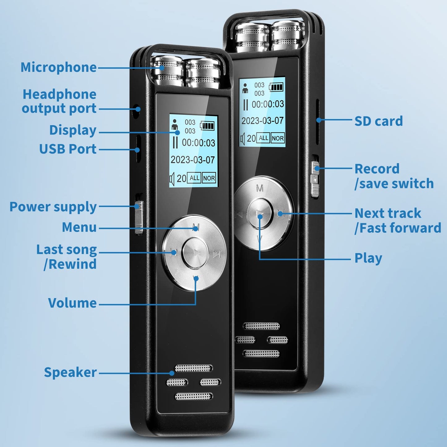 Grabadora de Voz, Grabadora Recargable Portátil con Memoria Interna de 8GB, Reproductor de MP3 con Función Altavoz, Grabadora de Voz Digital Inteligente para Reuniones, Entrevistas, Admite hasta 128GB