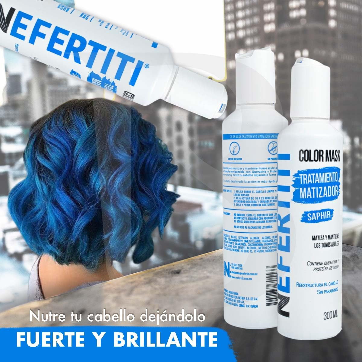 Tratamiento Matizador Nefertiti Saphir Azul con Keratina y Proteína de Trigo para el Cabello