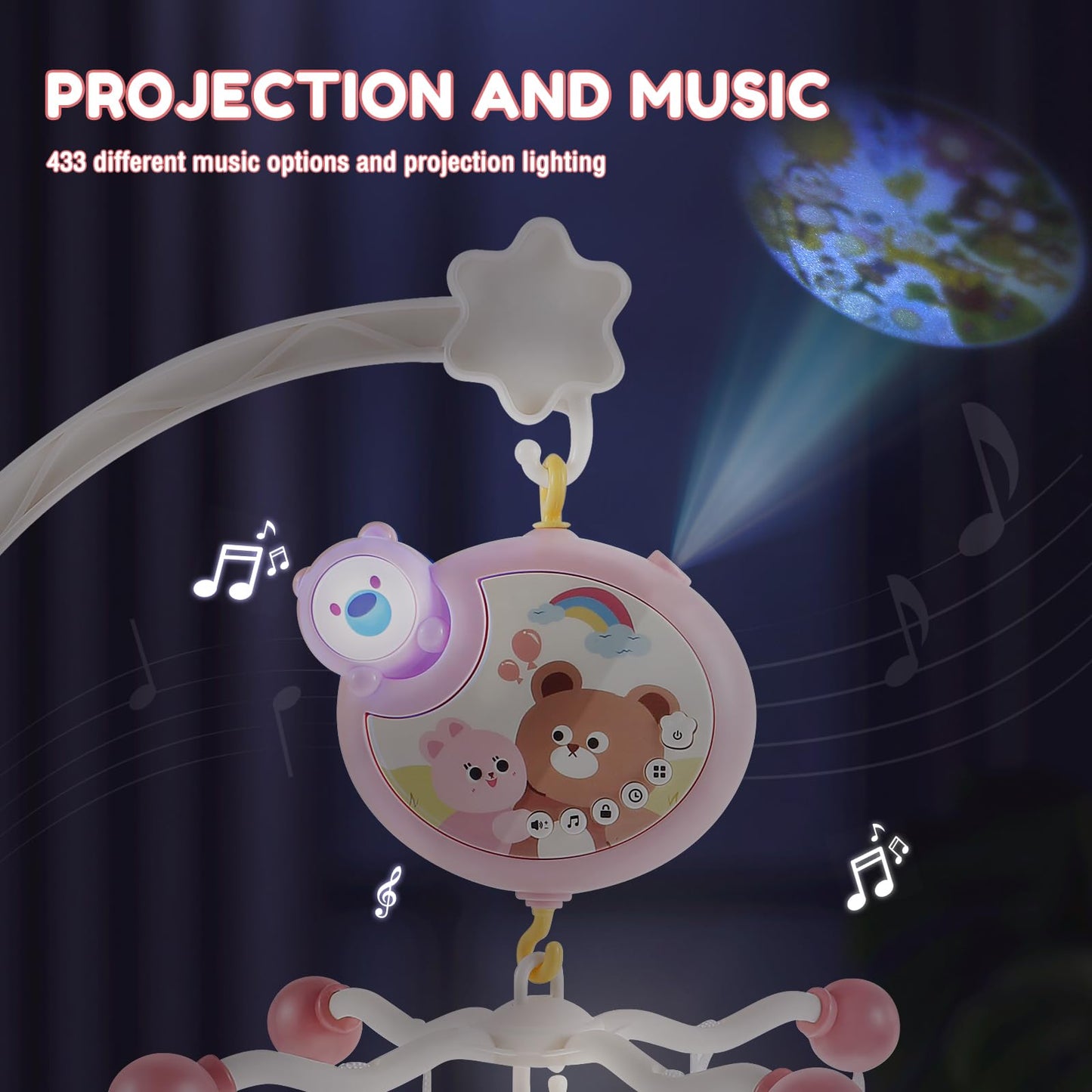 Móvil para cuna musical, juguetes colgantes para cuna con música y luces nocturnas, móvil para cuna de bebe rotación de 360° para bebé, regalo para recién nacidos (rosa)