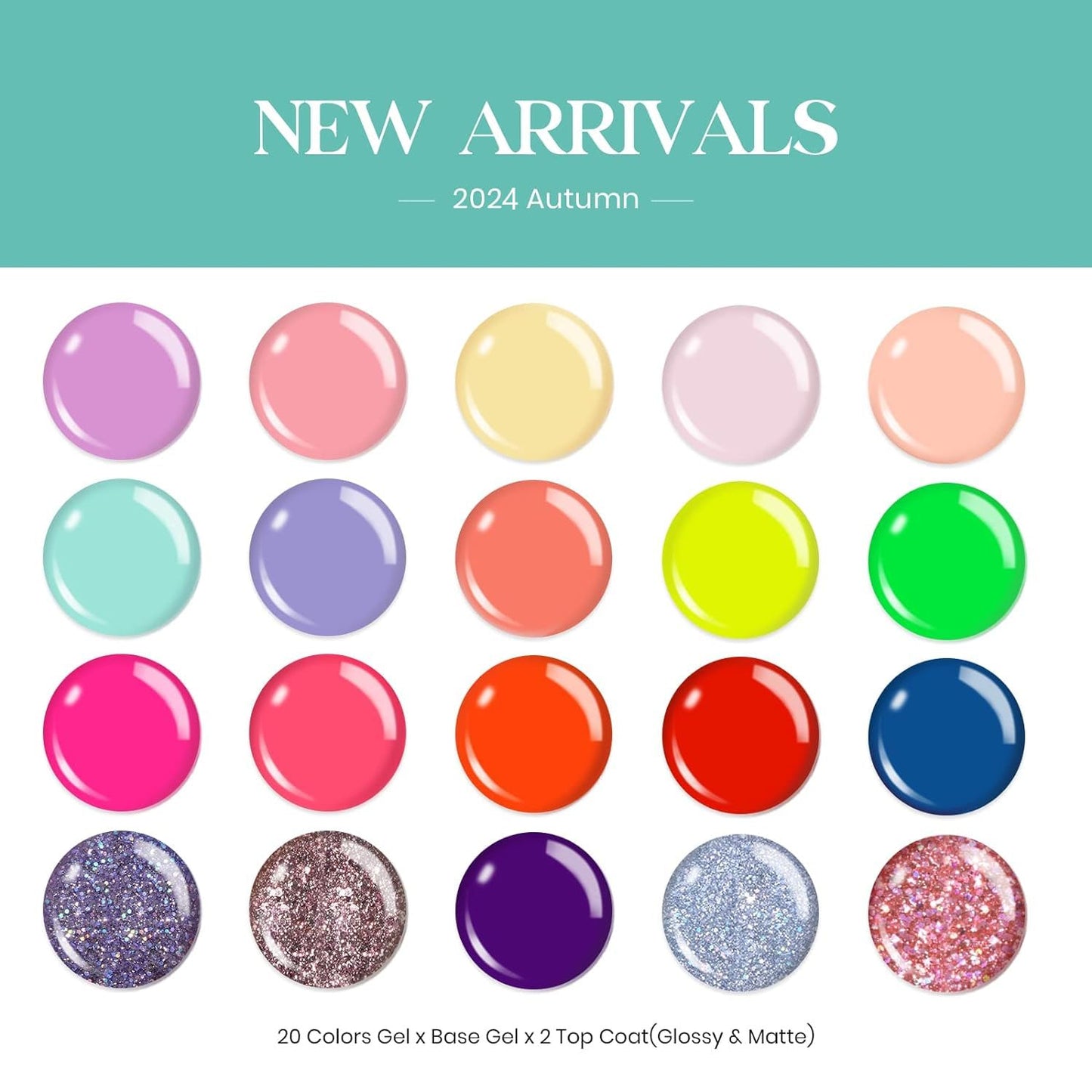 Beetles Juego de esmalte de uñas en gel, colección de 23 piezas, amarillo pastel, azul, rosa, rojo neón, purpurina, morado, esmalte de uñas UV, kit de manicura para mujeres con base mate y capa superior brillante