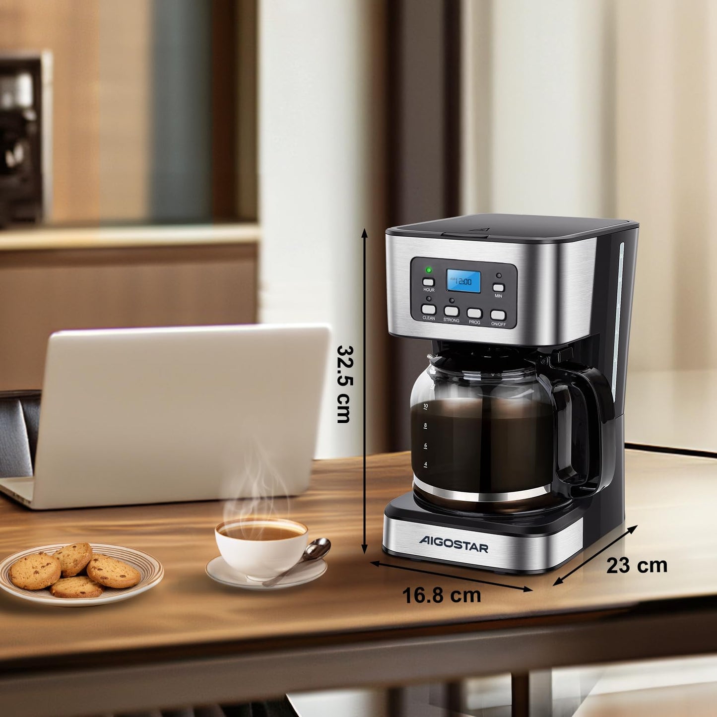 Aigostar Cafetera de goteo, Pantalla LCD, Filtro Reutilizable, Programable, Función Auto Limpieza (Descalcificación), Capacidad 1,8L(12 tazas), Función Mantener Caliente. Sin BPA
