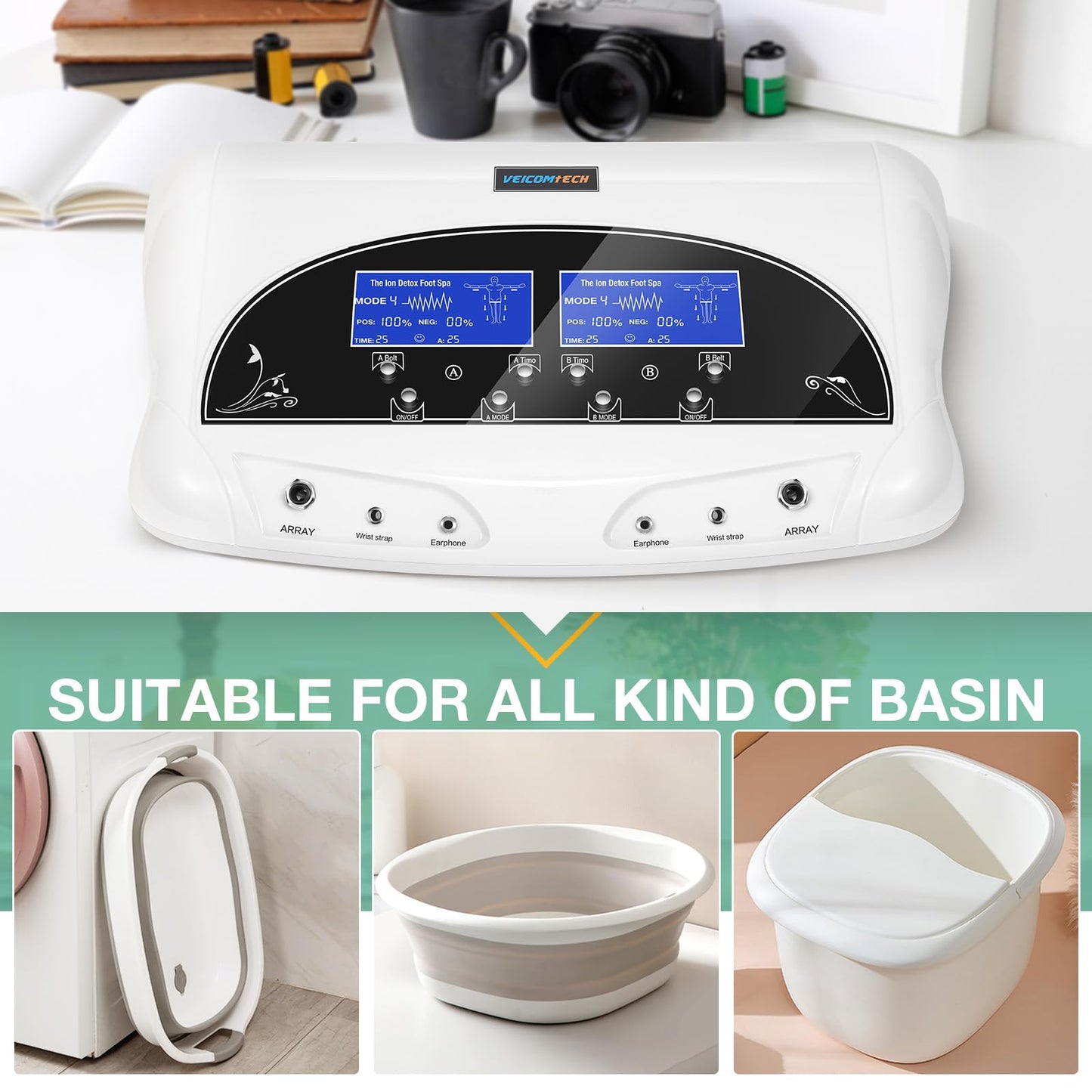 Máquina de desintoxicación dual iónica para baño de pies, máquina profesional de desintoxicación de pies, ionónico, máquina de desintoxicación de pies con 2 cinturones de cintura, 2 matrices, 10 revestimientos (negro)