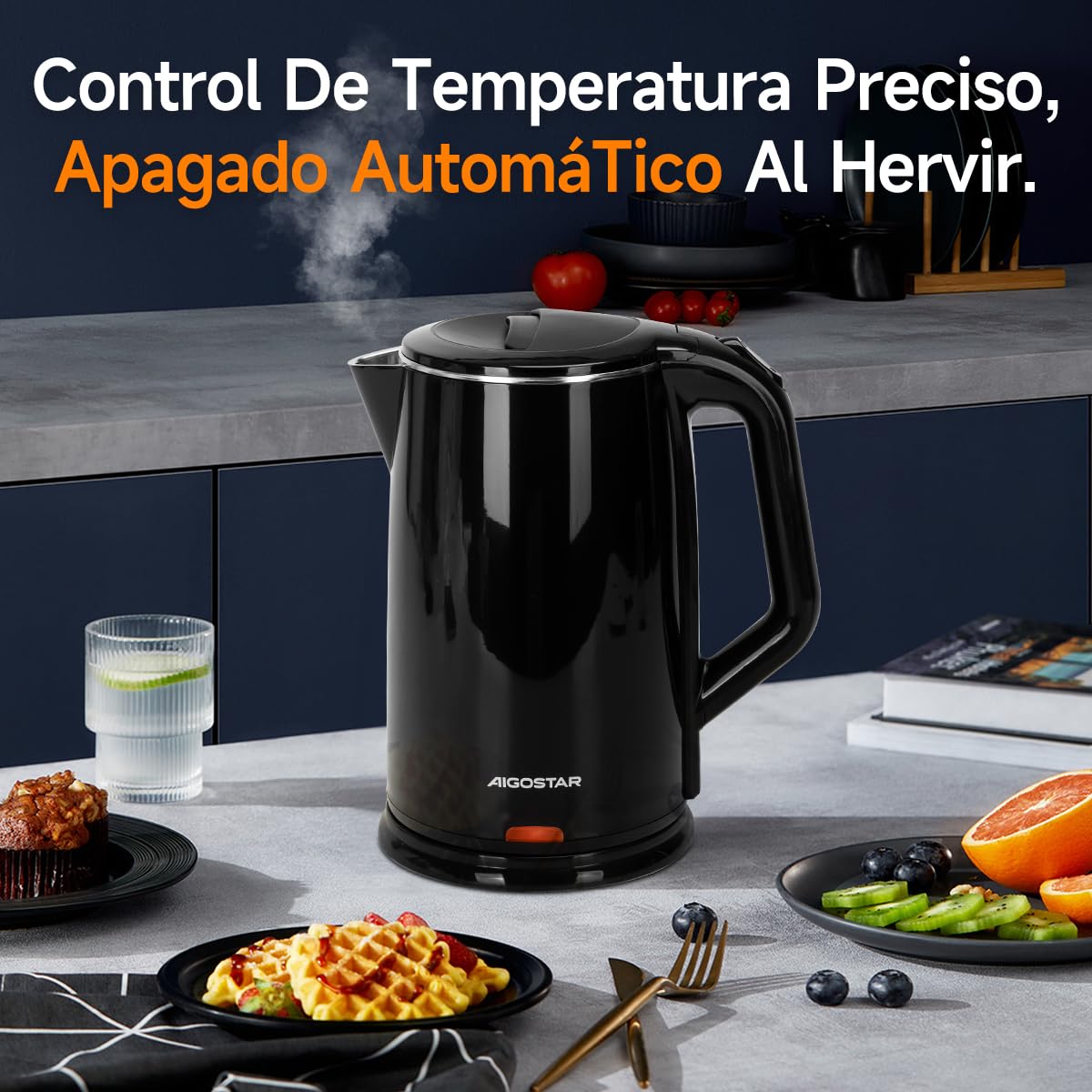 Aigostar Hervidor, Tetera Eléctrica de 1.7 Litros, Doble Pared de Acero Inoxidable, Apagado Automático, 1200w, Base Removible, Negro