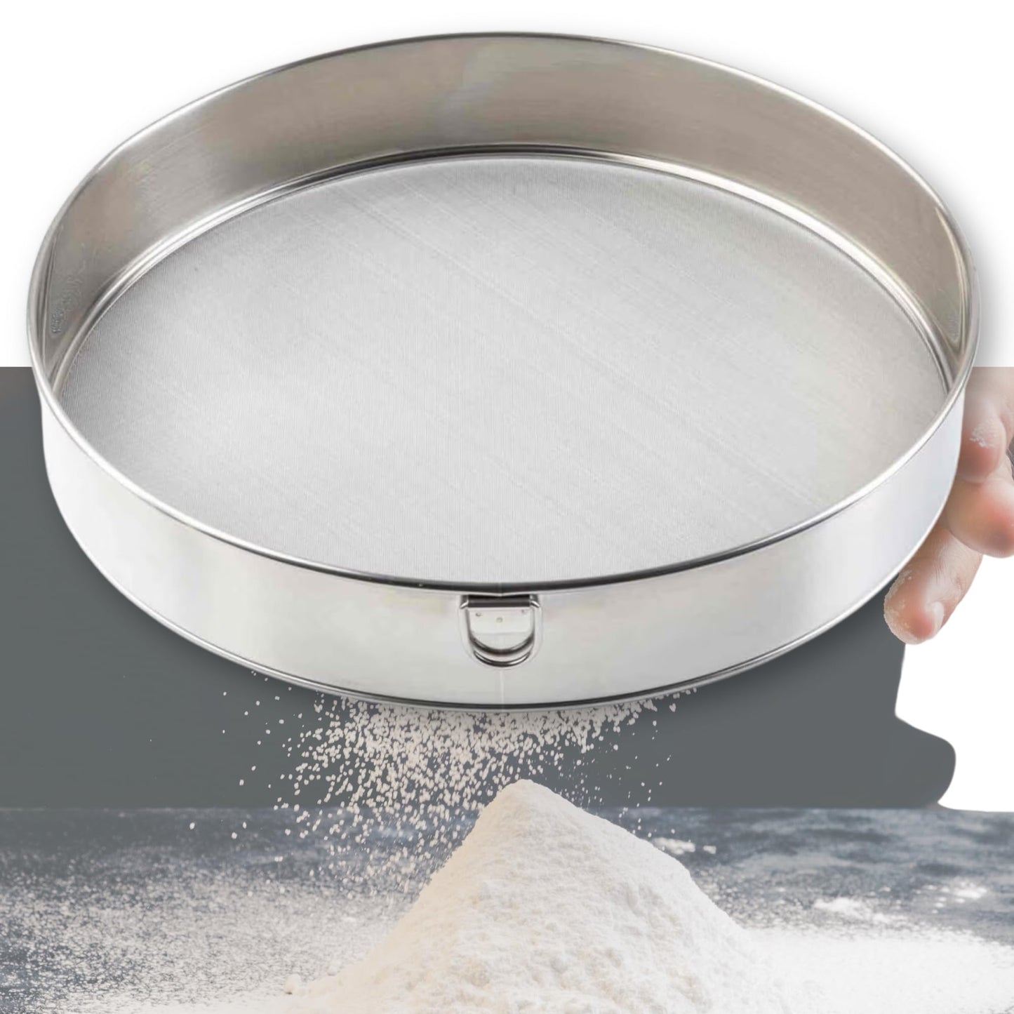 Colador de tamiz de malla fina, redondo de 12 pulgadas, filtro de harina de acero inoxidable ultrafino, mango cómodo, hornear, preparación de alimentos y herramienta de cocina para servicio de