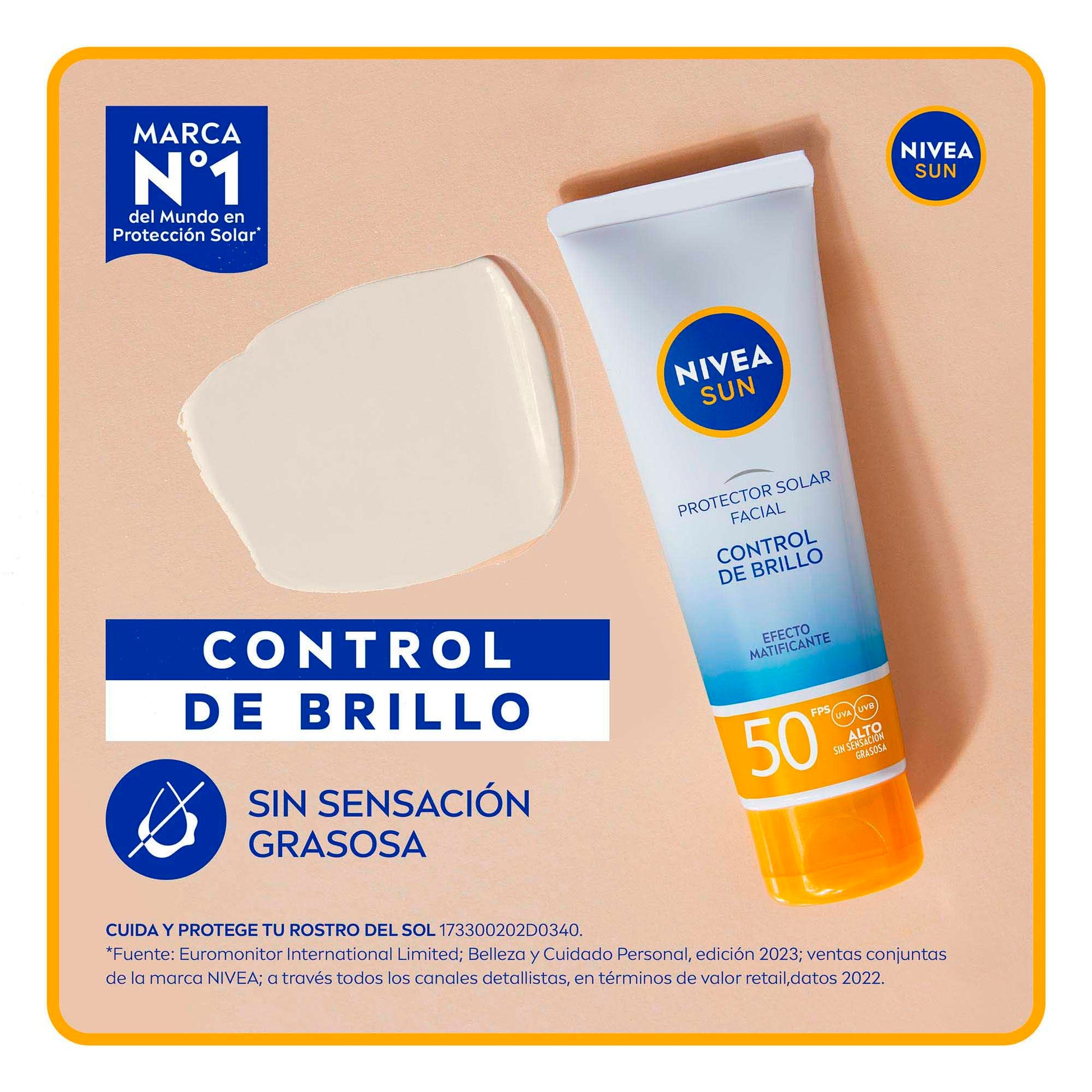 NIVEA SUN Protector Solar Facial Control De Brillo (50 ml), con Efecto Matificante de Larga Duración, Bloqueador solar FPS 50+, no Grasoso para Todo Tipo de Piel