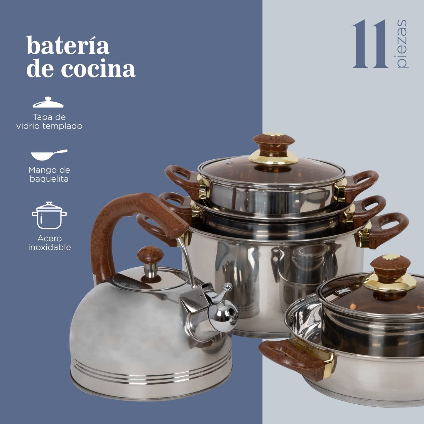 COLORHOME DESIGN | Batería de Cocina Acero Inoxidable - 11 Piezas – Triple Capa Y Tapas de Vidrio Templado – Mango de Baquelita Marrón - Juego de Caserolas de Cocina, Sartén, Teterá