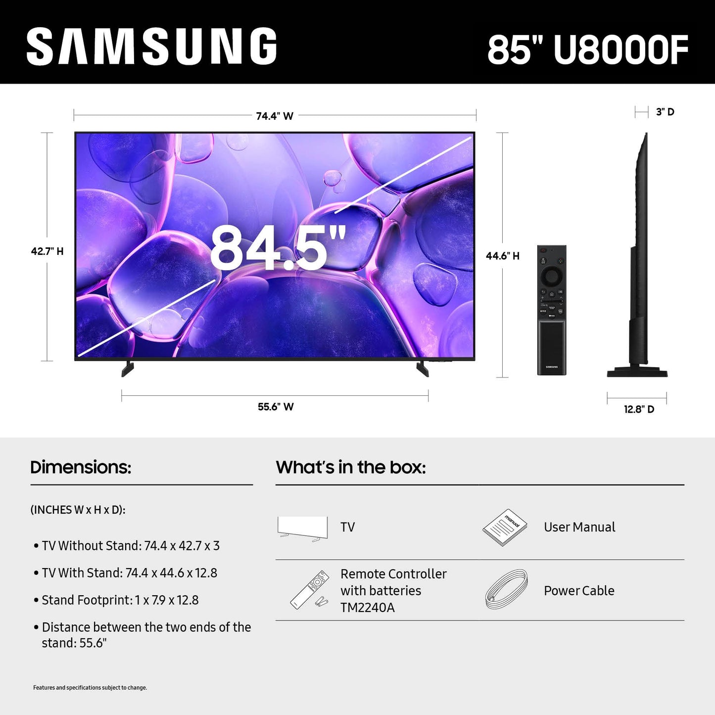 Samsung 85-Inch Class Crystal UHD U8000F 4K Smart TV (modelo 2025) Contenido sin fin, procesador de vidrio 4K, diseño MetalStream, Knox Security, Alexa incorporado