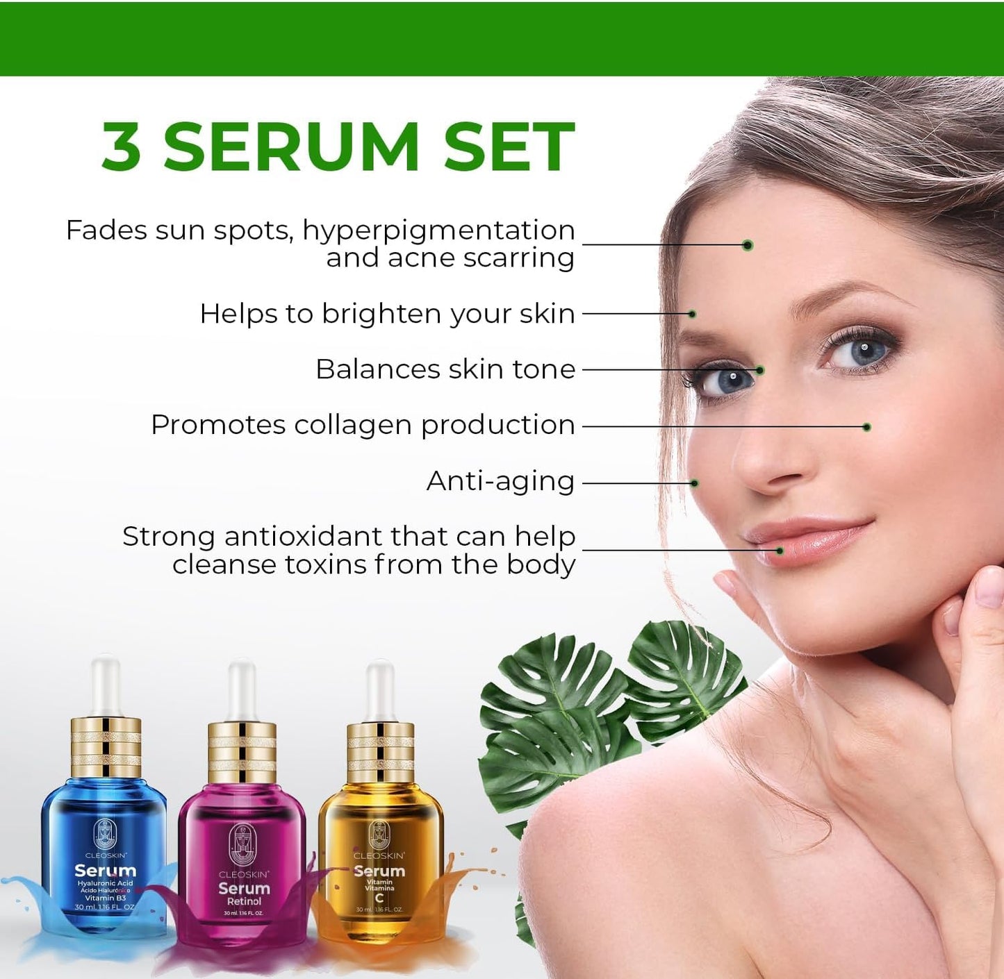 CLEOSKIN Kit 3 sueros faciales, Serum Vitamina C (ácido ascórbico), Serum Ácido Hialurónico con Niacinamida y Serum retinol (Vitamina A). Para el cuidado de la piel