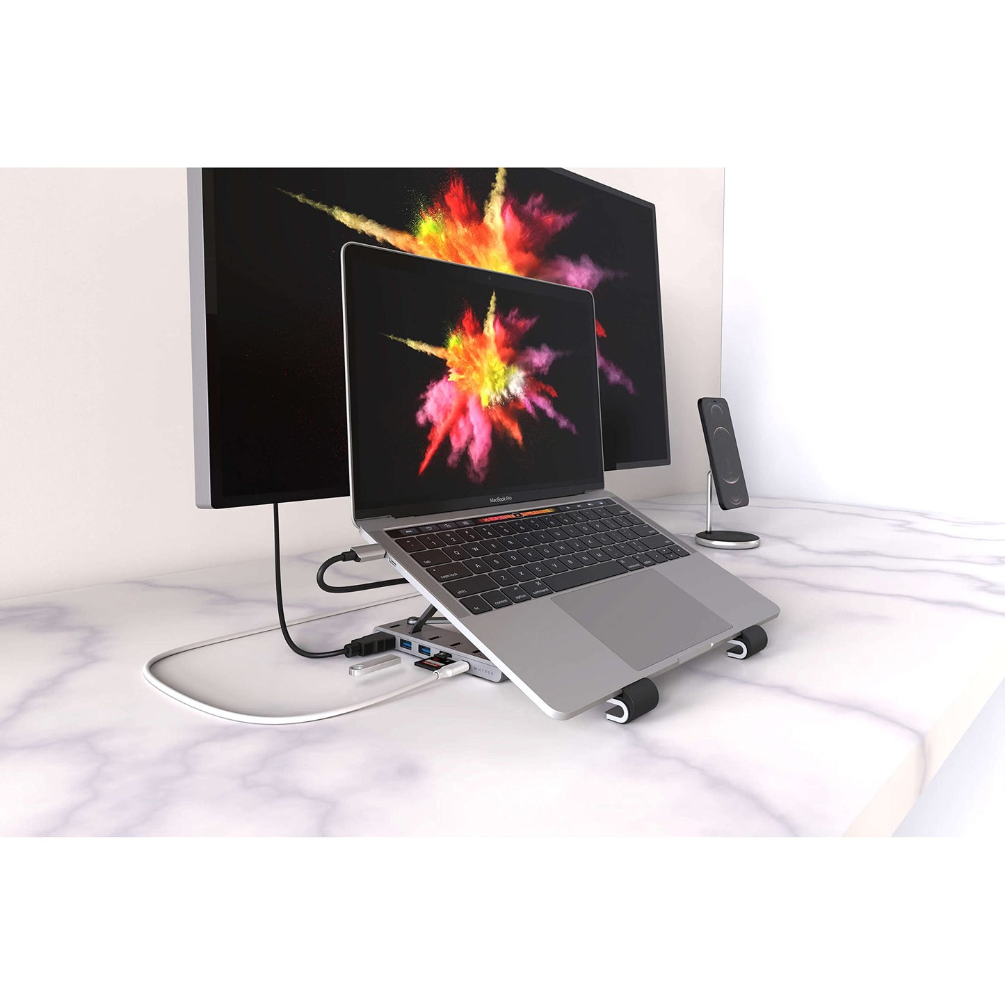 Hyper Drive - Soporte plegable para portátil (USB C, 7 en 1: HDMI 4K30Hz, USB-C 100 W, USB-C 5 Gbps, MicroSD/SD, 2 USB-A 5 Gbps, compatible con Chromebook, Windows PC, MacBook iPad Pro de 10 a 17 pulgadas