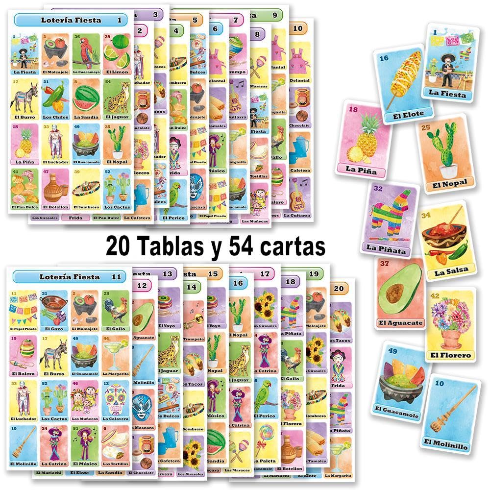 Juego Lotería Fiesta en Español con 20 Tablas y Baraja Completa para 20 Jugadores