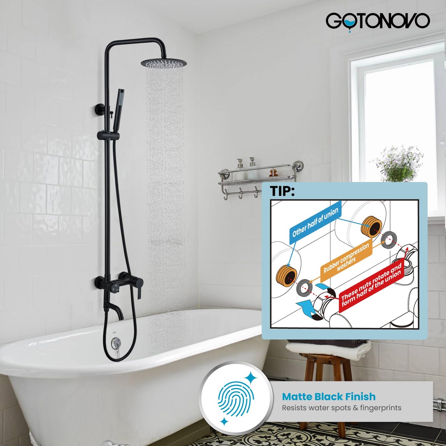 Juego de sistema de ducha con pulverizador de mano y boquilla de tina de acero inoxidable negro mate, mango cilíndrico de 20,32 cm, cabezal de ducha de lluvia, grifo de ducha, montaje en pared, triple función
