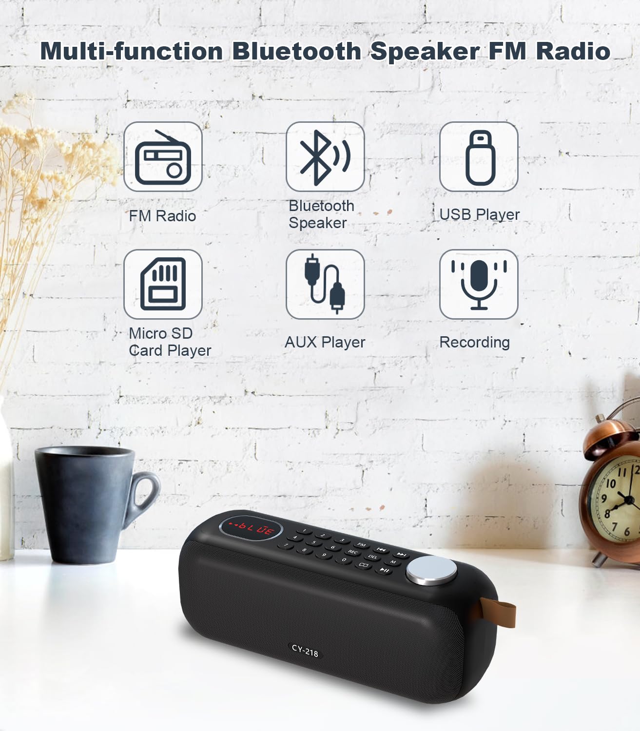 ONGTEED - Altavoz Bluetooth portátil con radio FM digital, compatible con tarjeta USB/SD MP3 Play/AUX/REC, batería recargable integrada de 3000 mAh, altavoz súper sonido y conector para auriculares