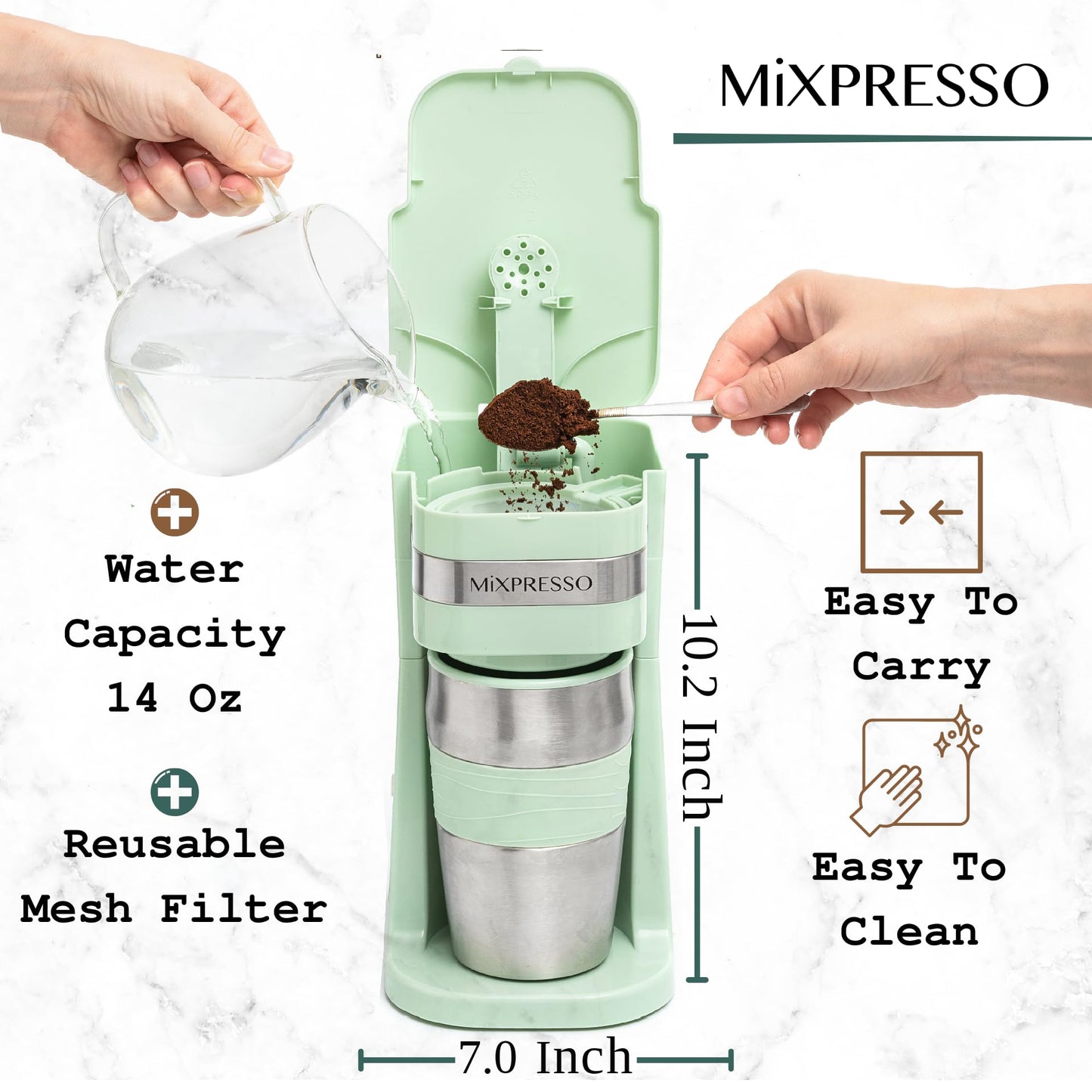 Mixpresso - Cafetera personal de una sola porción y taza de viaje de 14 onzas, cafetera de goteo y vaso, apagado automático y filtro reutilizable, cafetera verde pequeña, compatible con posos de café