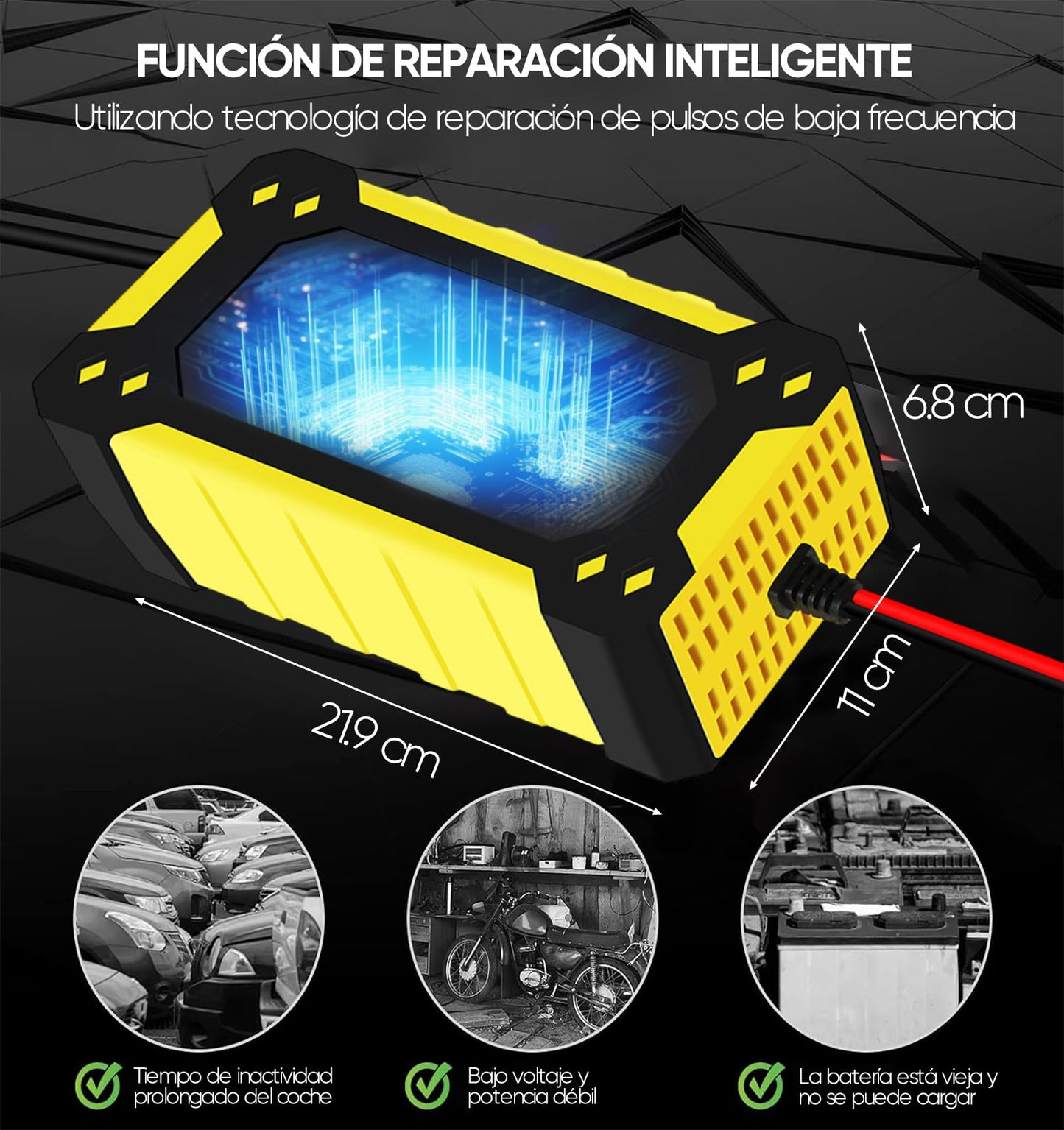 Cargador de Bateria de Auto 12V 6A,Portatil Cargador de Baterías Automático Coche Moto SUV,LCD Pantalla,Múltiples Protecciones,Ajuste Inteligente de Corriente para Cargar y Proteger Batería,ATVs,RVs