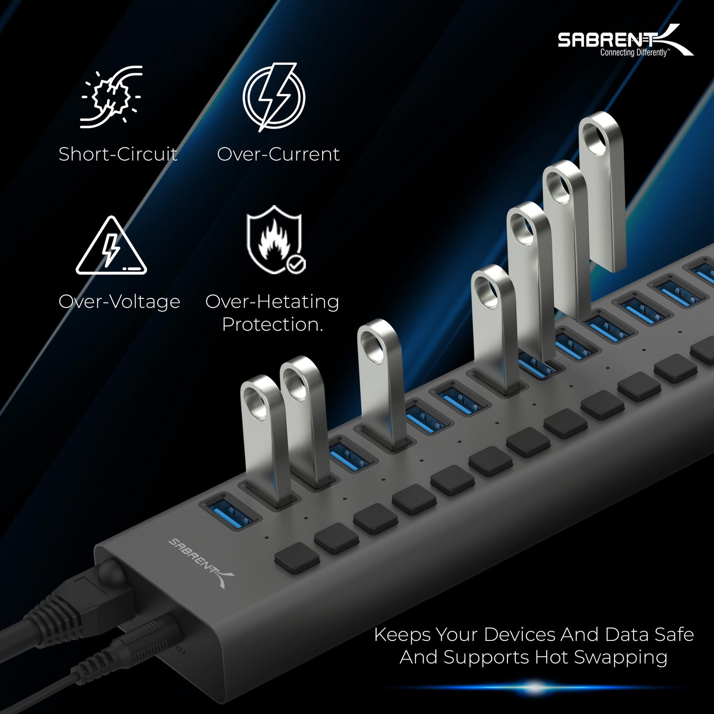 Hub USB 3.0 de 16 Puertos Sabrent Negro con Cargador y Interruptores Individuales
