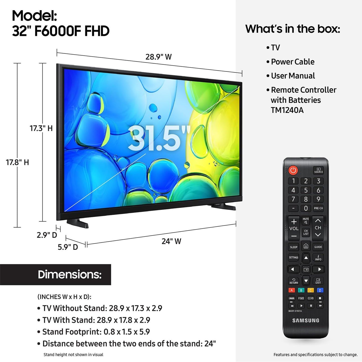 SAMSUNG Smart TV de 32 Pulgadas Full HD F6000 (Modelo 2025) HDR, Seguimiento de Objetos Sound Lite, Knox Security, One UI Tizen, Smart TV