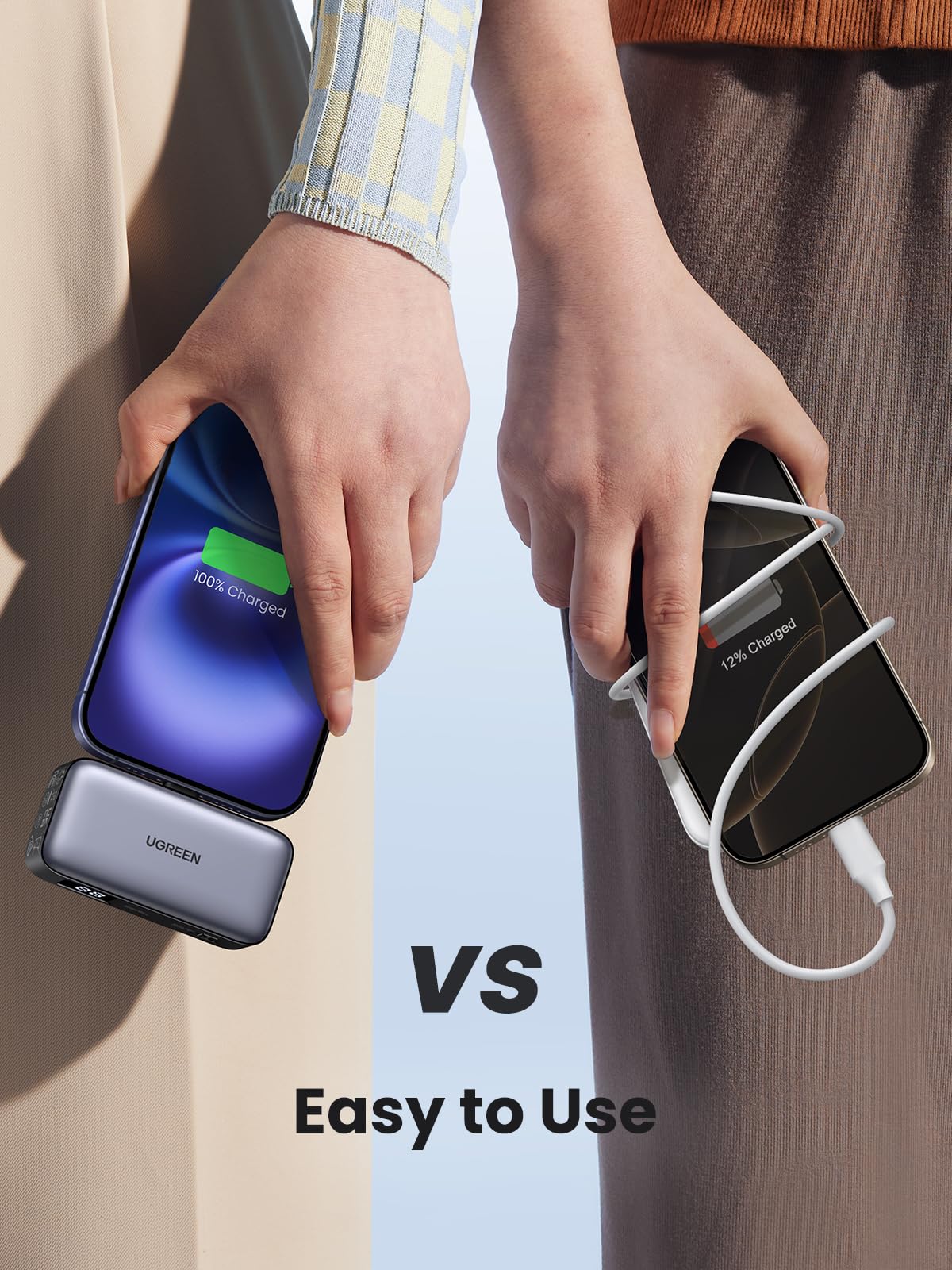 UGREEN 5000mAh Power Bank Integrado en USB C Puerto, Cargador Portátil Batería 22.5W Carga Rápida con Soporte, Pantalla LED Compatible con iPhone 16 15 iPad Pro Galaxy Pixel