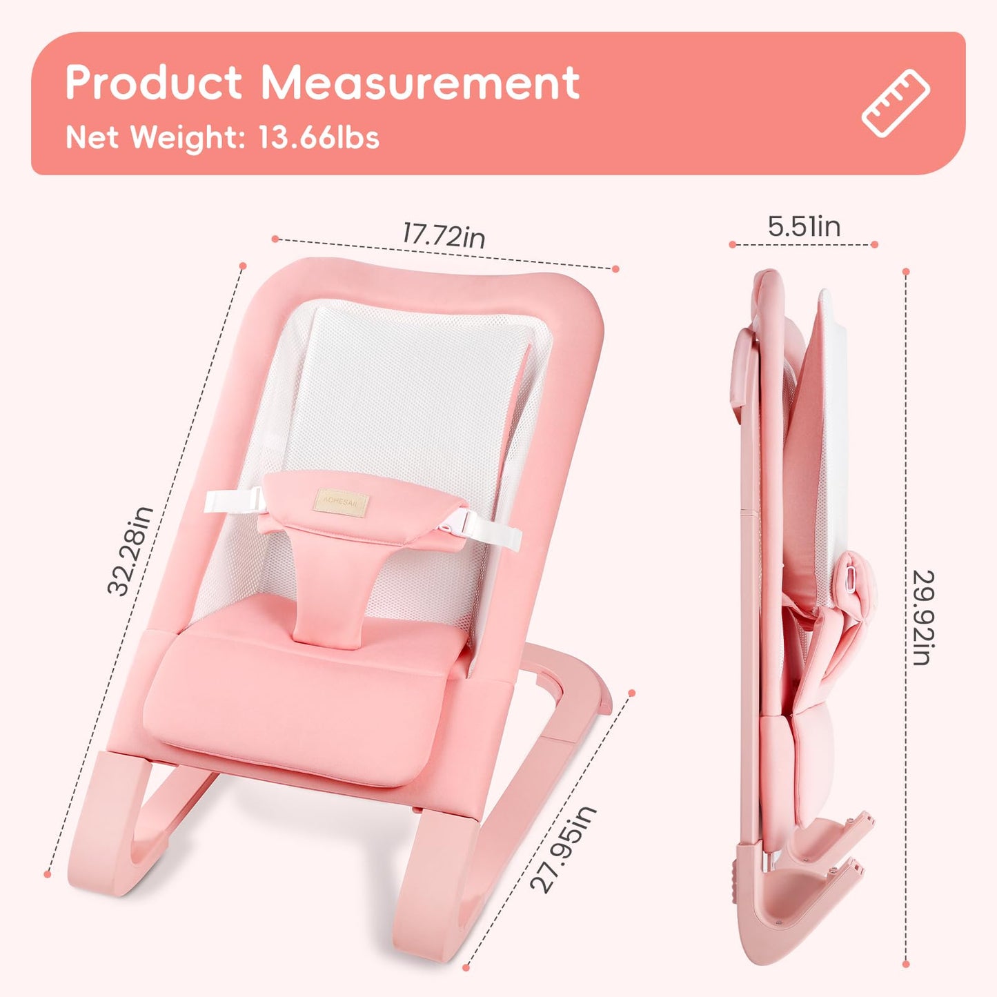 Mecedora para Bebé para Recién Nacidos de 0-12 Meses: 0-5 Años Mecedora Portátil para Bebé Niña en Rosa con Reclinación Ajustable y Arnés de 3 Puntos, Soporta hasta 60 libras