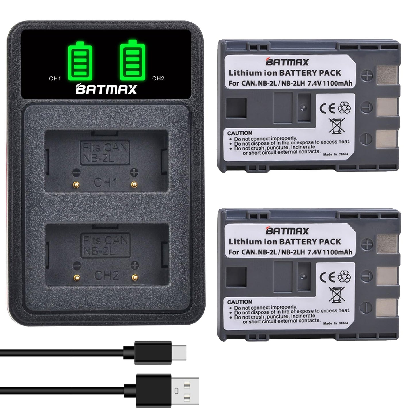 Batmax 2Pcs NB-2L NB-2LH Battery + Built-in USB LED Charger for Canon PowerShot G7 G9 S80 S70 S60 S50 S45 S40 S30, Canon DC410 DC420 EOS 350D 400D Digital Rebel XT XTi, VIXIA HF R10