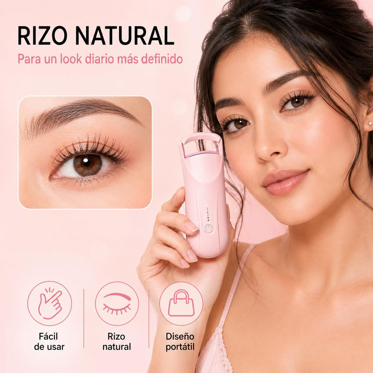 Rizador de Pestañas Eléctrico, Enchinador Térmico Recargable USB-C con 2 Niveles de Temperatura 65°C/85°C, Calentamiento Rápido y Curva 3D, Mini Rizador Portátil para Maquillaje