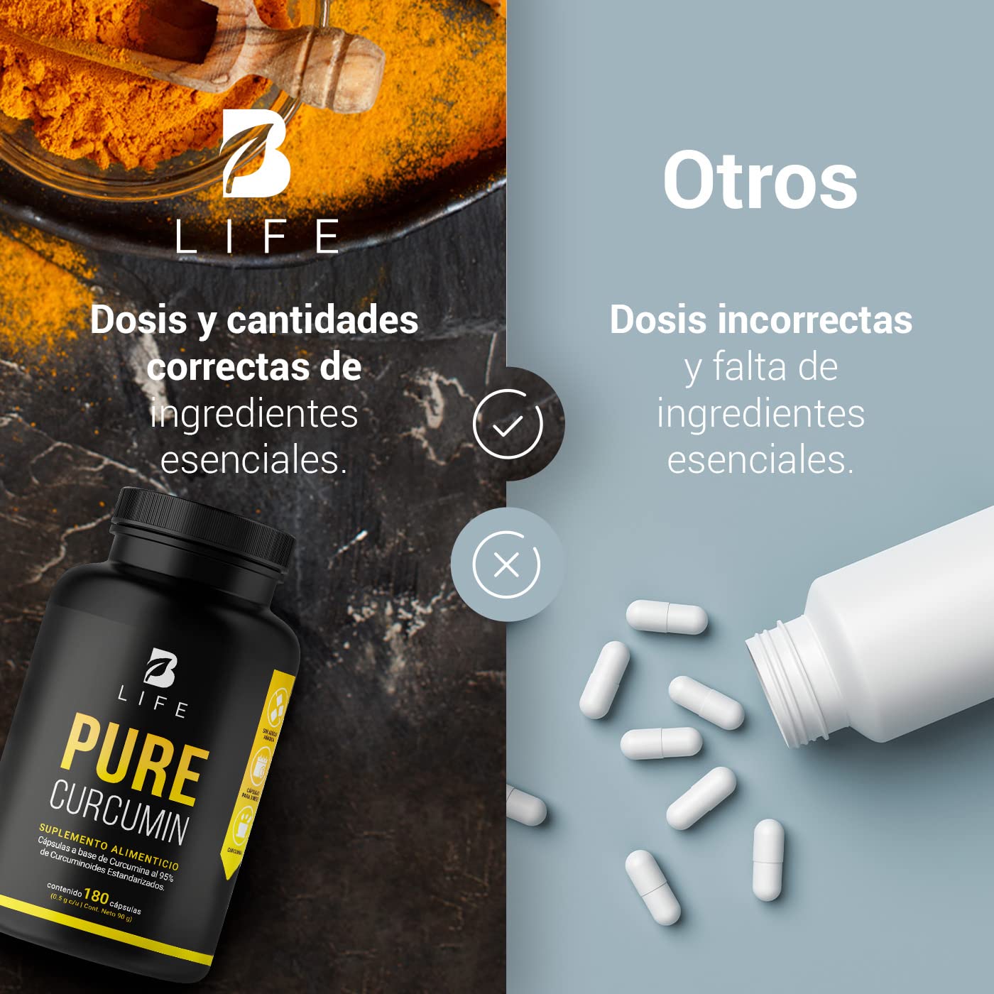 Curcumina Pura de 180 Cápsulas 1000 mg por porción. Ingredientes Naturales. Pure Curcumin B Life.