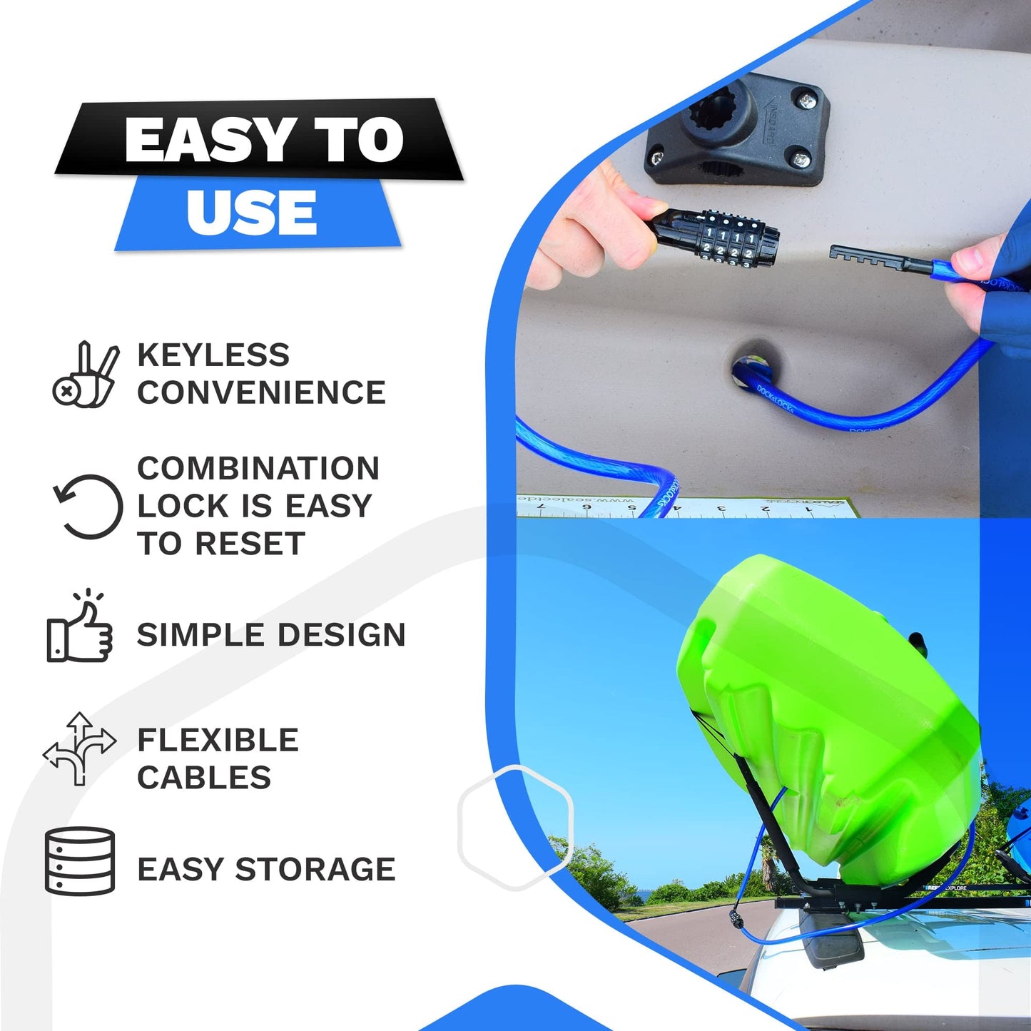 DocksLocks - Candado de cable de seguridad recto resistente a la intemperie (5 pies a 25 pies de longitud) con combinación reiniciable, protección antirrobo para kayak, bicicleta, paddleboard,