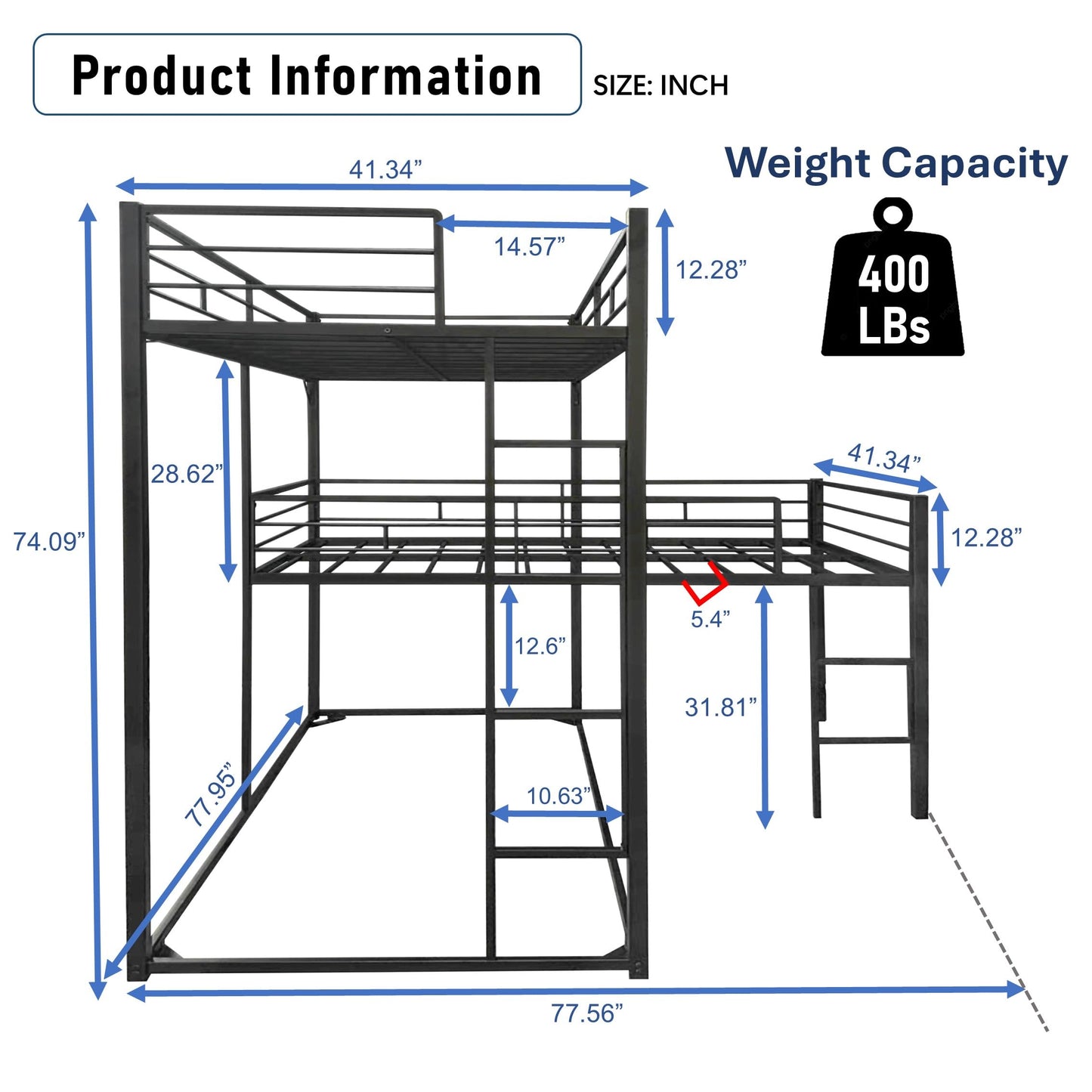 PVWIIK - Litera Triple con Escalera integrada y barandillas de Longitud Completa para 4 niños, litera de Metal en Forma de L, diseño de Ahorro de Espacio, no Necesita somier, Color Negro