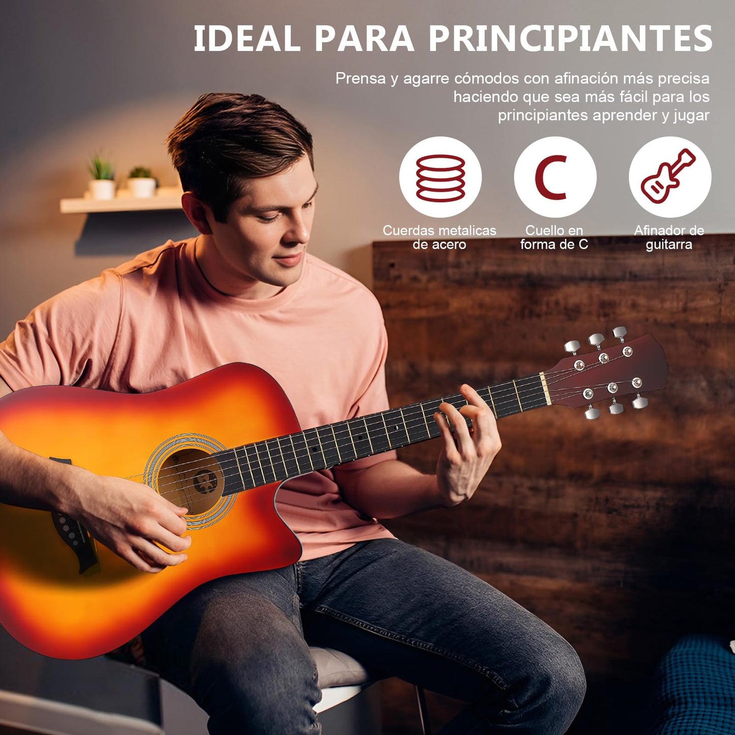 Guitarra Acústica, MTQ Guitarra Acustica con Estuche, Correa, Cuerdas, Púas, Guitarra Acustica de 38 Pulgadas, 6 Cuerdas de Metal. (Marrón)