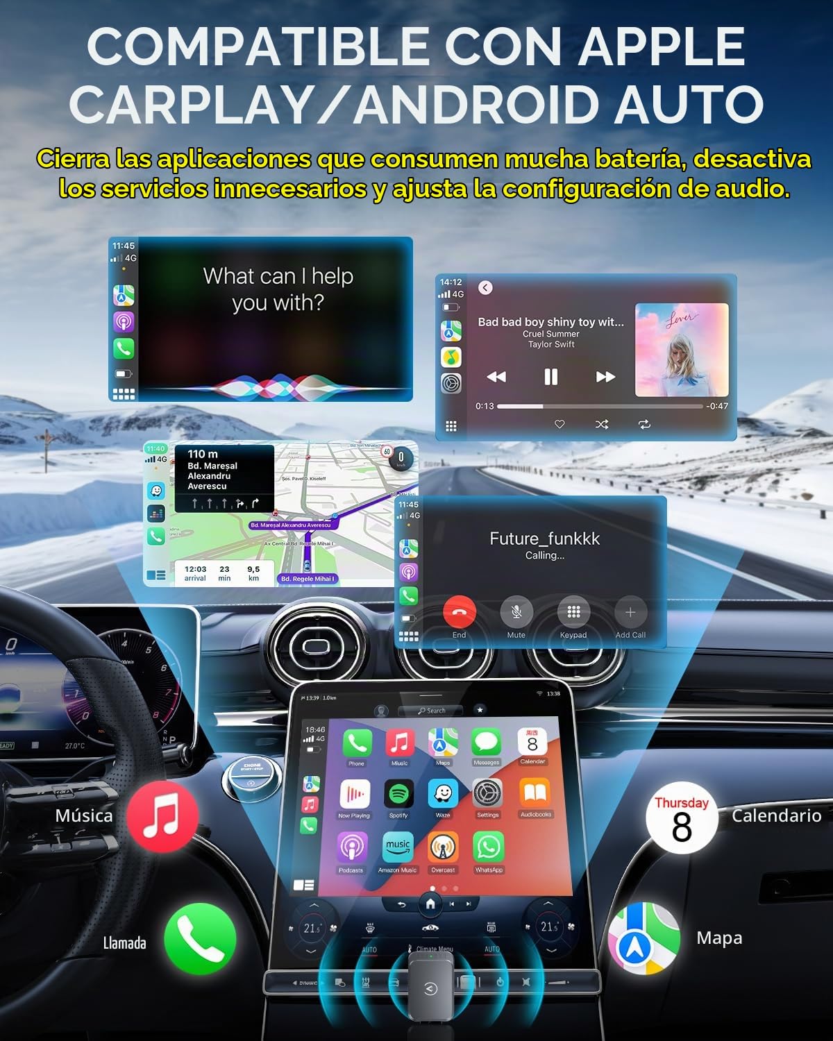 Adaptador Inalámbrico AuroraLink Azul 2 en 1 Rápido y Estable para CarPlay y Android Auto