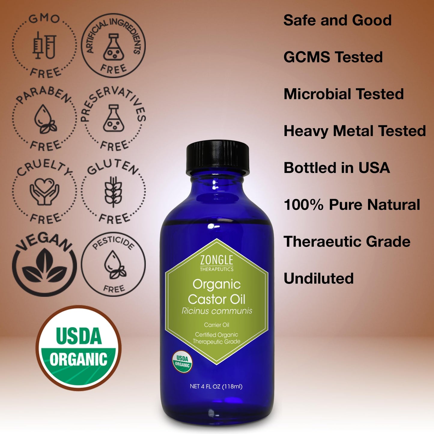 Zongle USDA Certified Organic Castor Oil, Cold Pressed, Ricinus Communis, 4 oz
